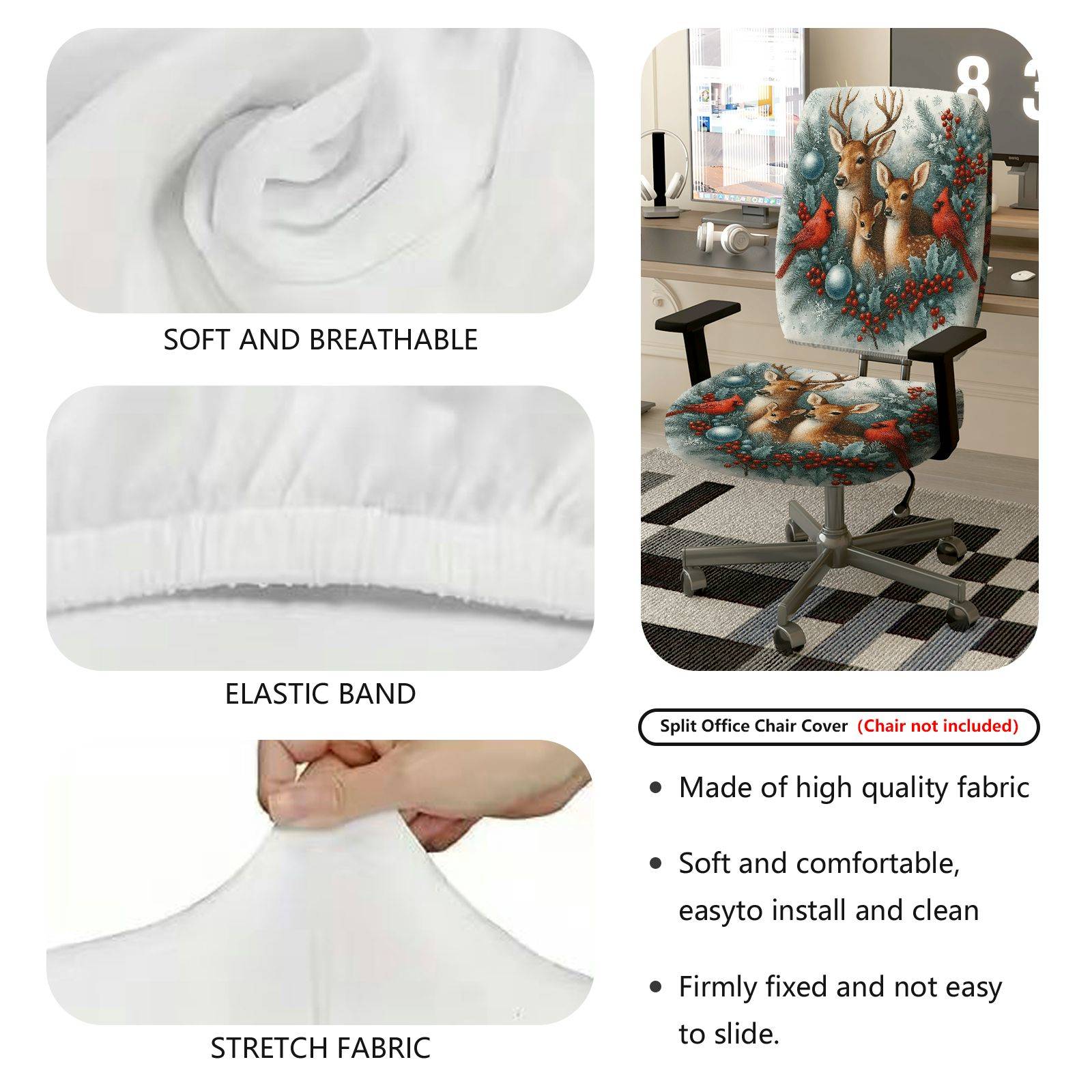 2-Piece Christmas Deer Cardinal Berry Snow Decor  Computer Chair Cover Set, Seat and Backrest