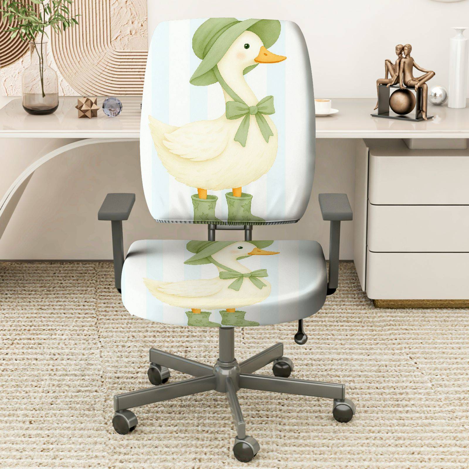 2-Piece Duck Pastel Stripes Cute Animals Cozy  Computer Chair Cover Set, Seat and Backrest