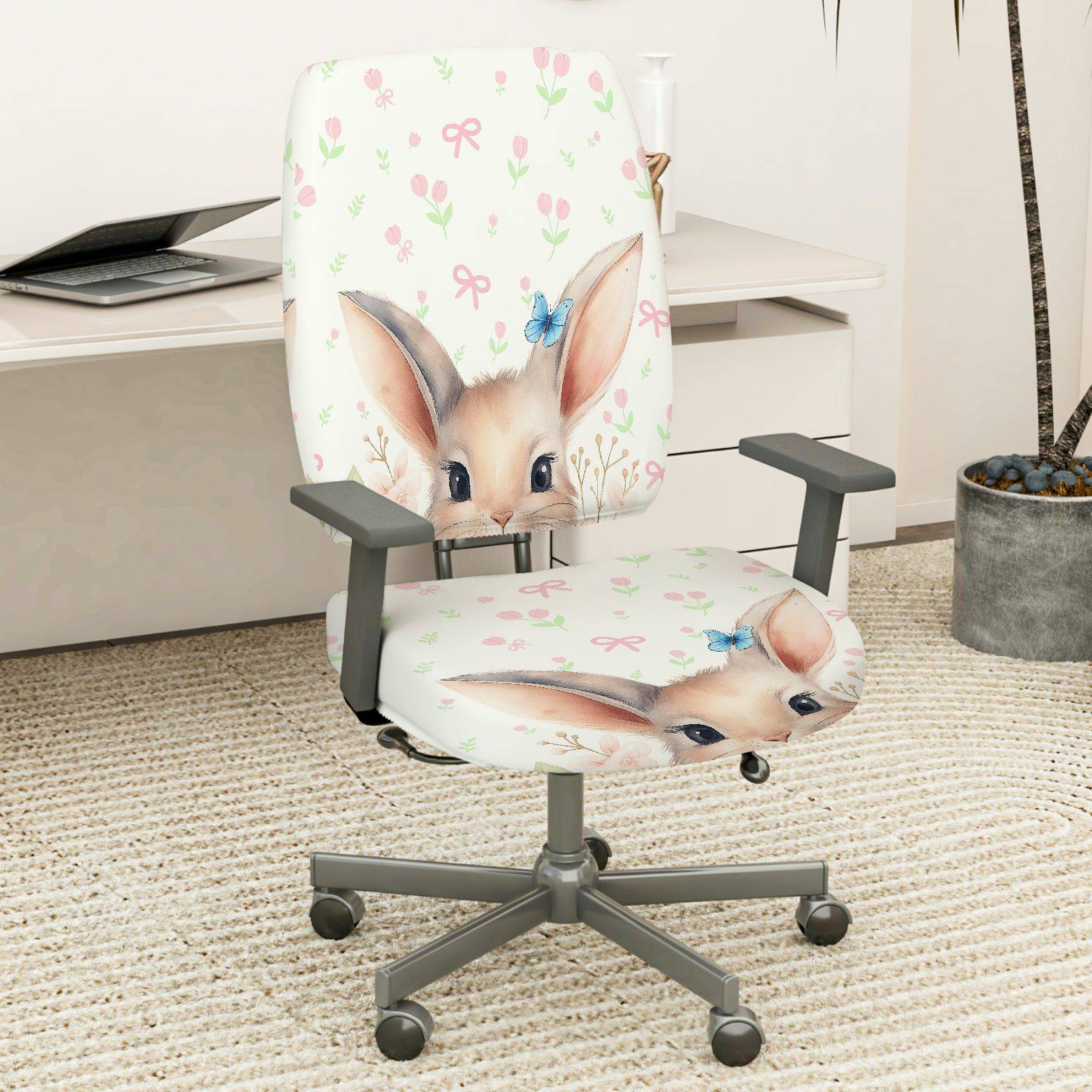 2-Piece Cute Bunny Floral Pattern Spring Easter  Computer Chair Cover Set, Seat and Backrest
