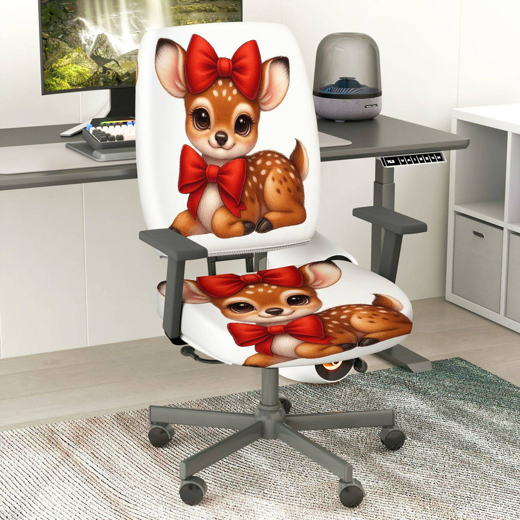 2-Piece Deer Red Bow Christmas  Computer Chair Cover Set, Seat and Backrest