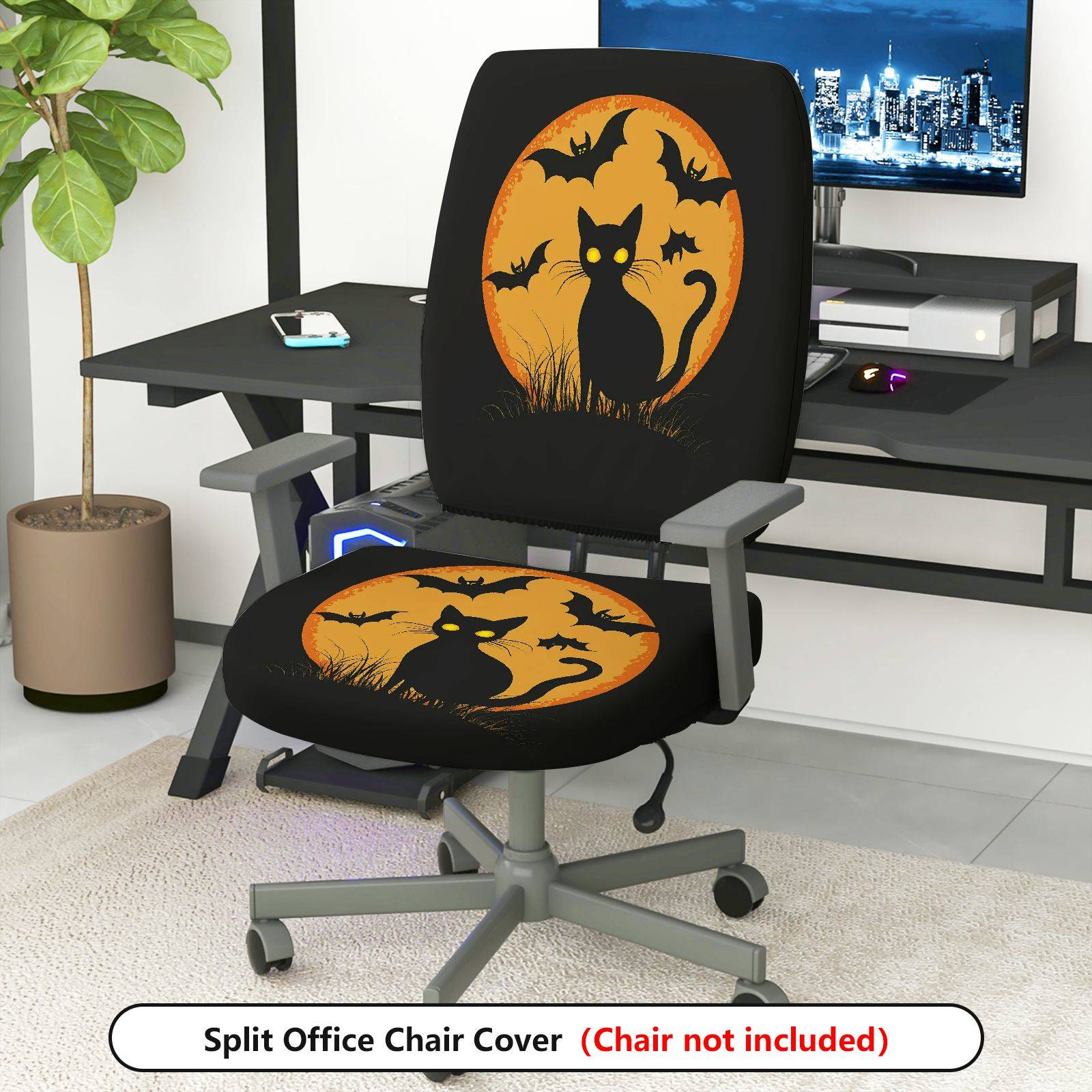 2-Piece Halloween Black Cat Bat Moon Orange  Computer Chair Cover Set, Seat and Backrest