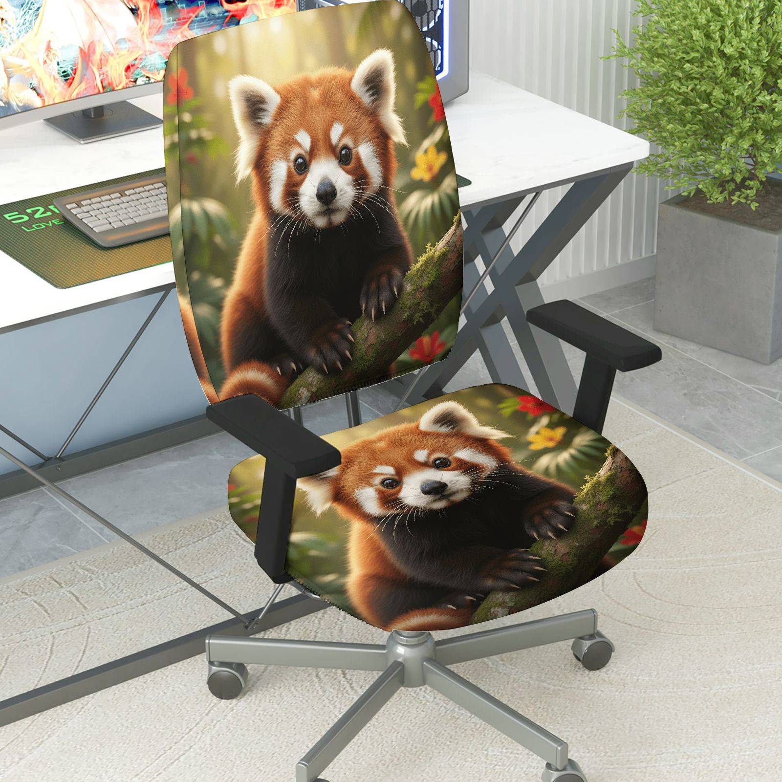2-Piece Adorable Red Panda Nature Whimsical Animal Woodland  Computer Chair Cover Set, Seat and Backrest
