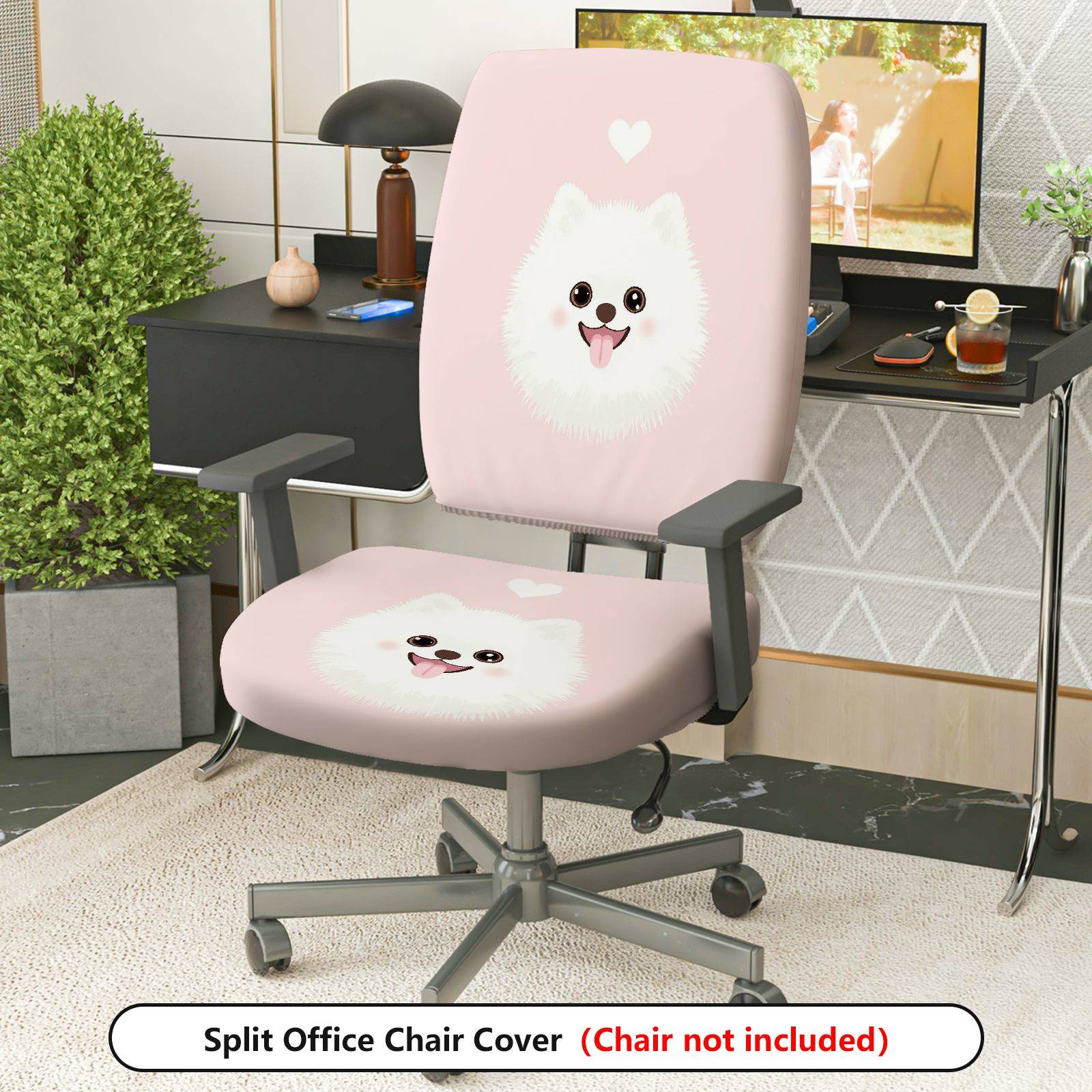 2-Piece Cute Dog Pattern Heart Pink  Computer Chair Cover Set, Seat and Backrest