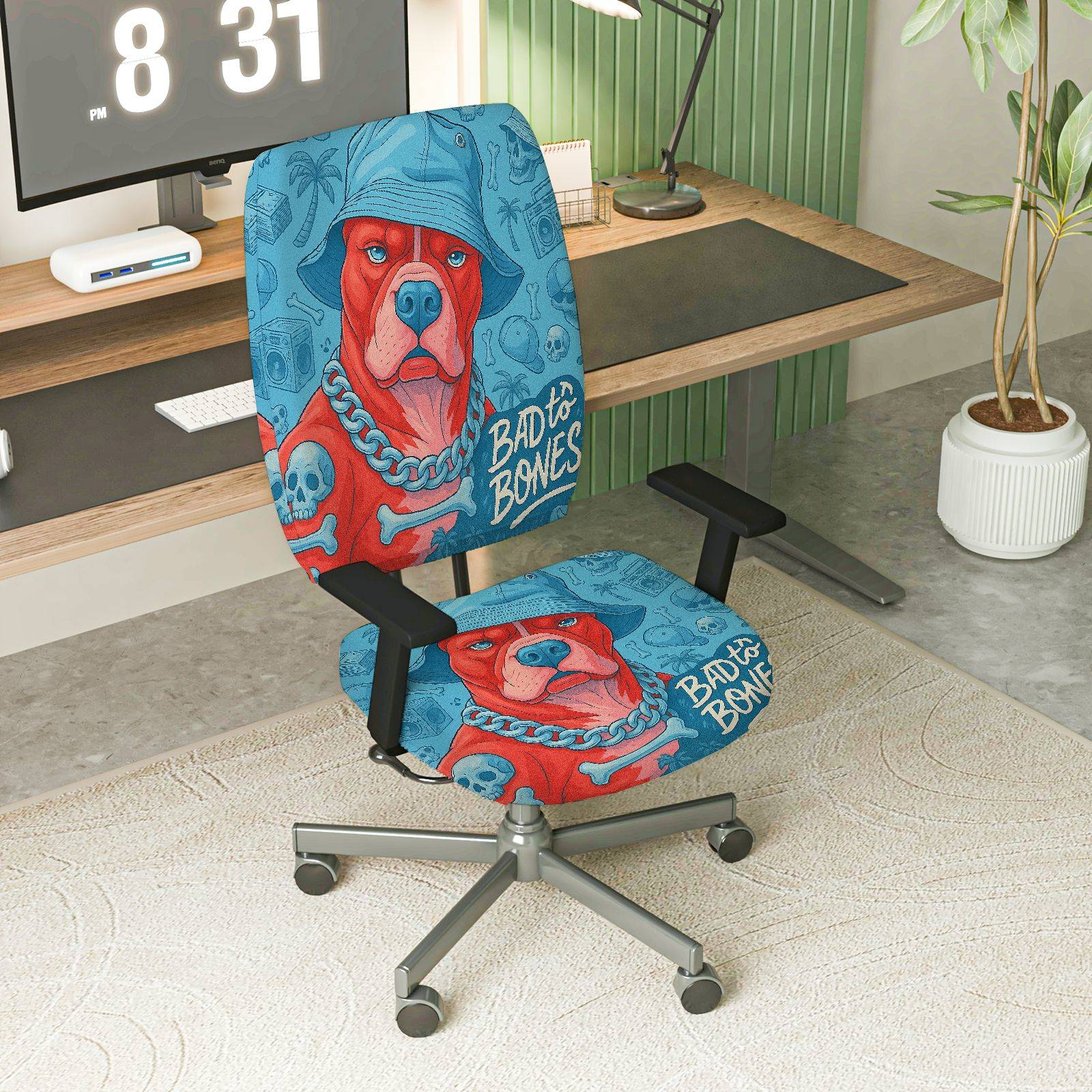 2-Piece Dog Skull Chain Hip Hop  Computer Chair Cover Set, Seat and Backrest