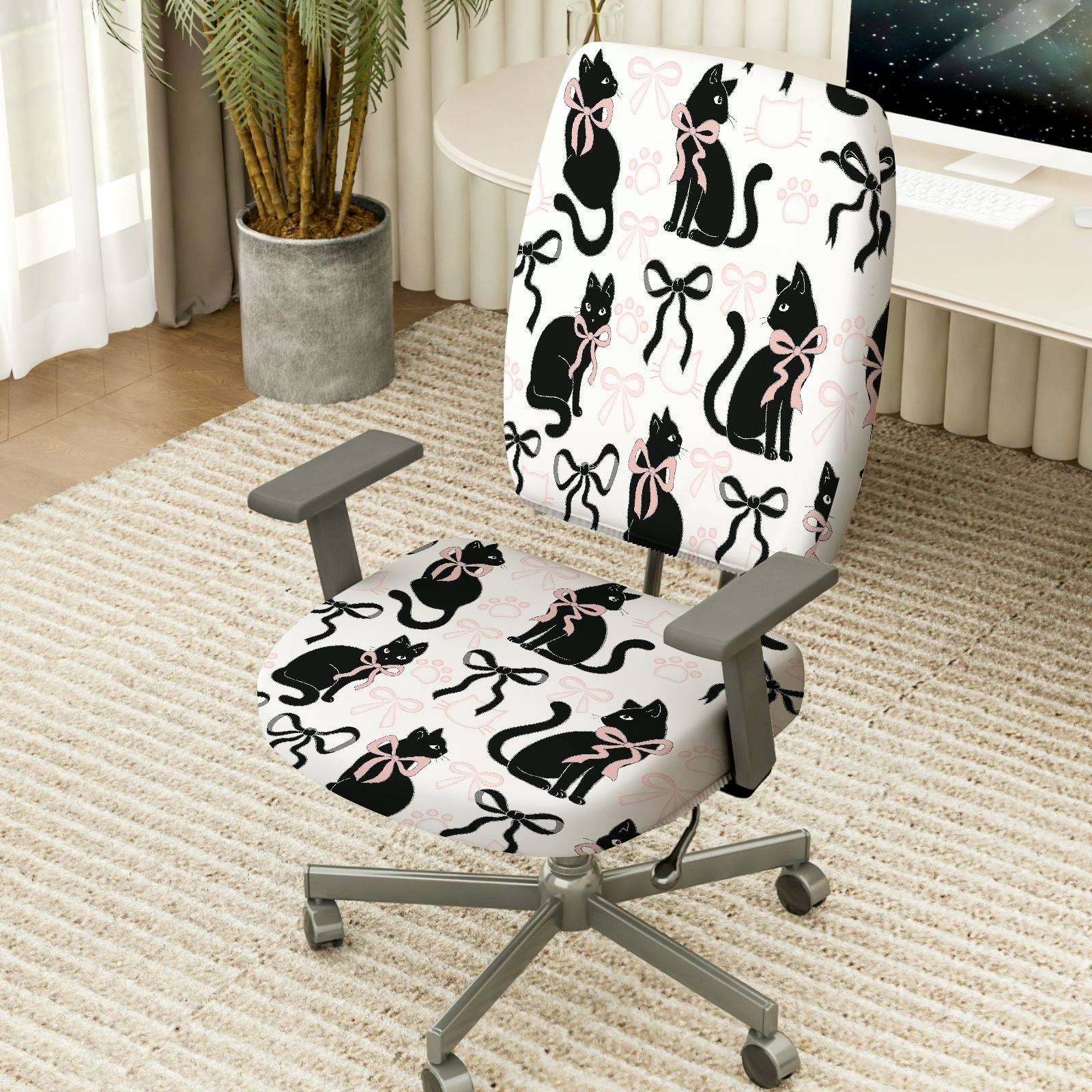 2-Piece Black cat bow paw print  Computer Chair Cover Set, Seat and Backrest