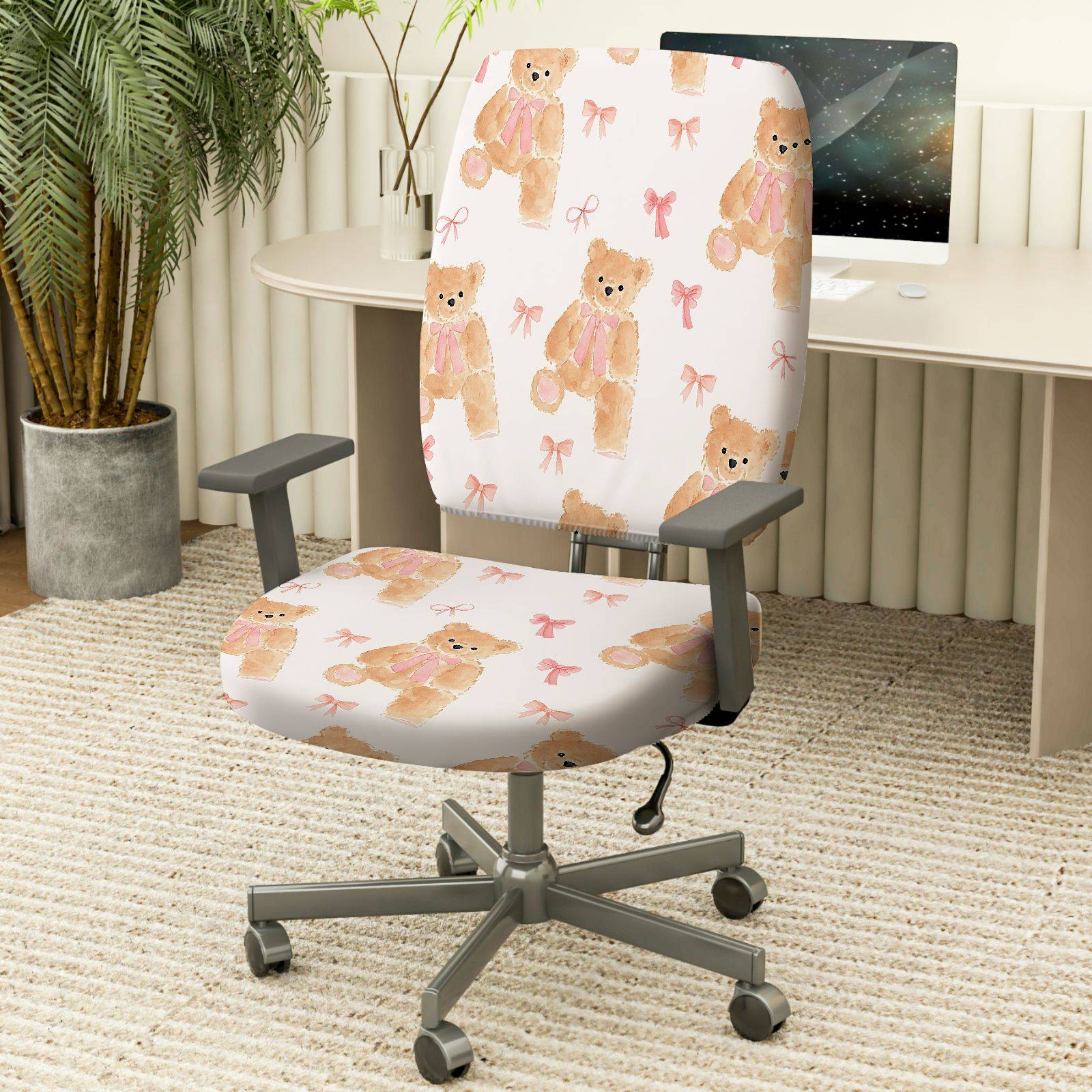 2-Piece Adorable Teddy Bear Pink Ribbon Sweet Cute Fun  Computer Chair Cover Set, Seat and Backrest