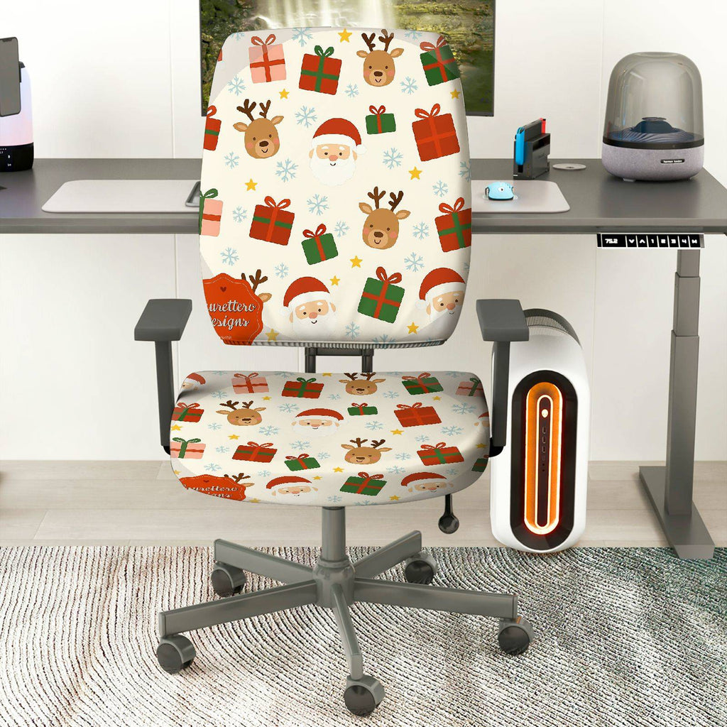 2-Piece Christmas Deer Santa Gift Snowflake  Computer Chair Cover Set, Seat and Backrest