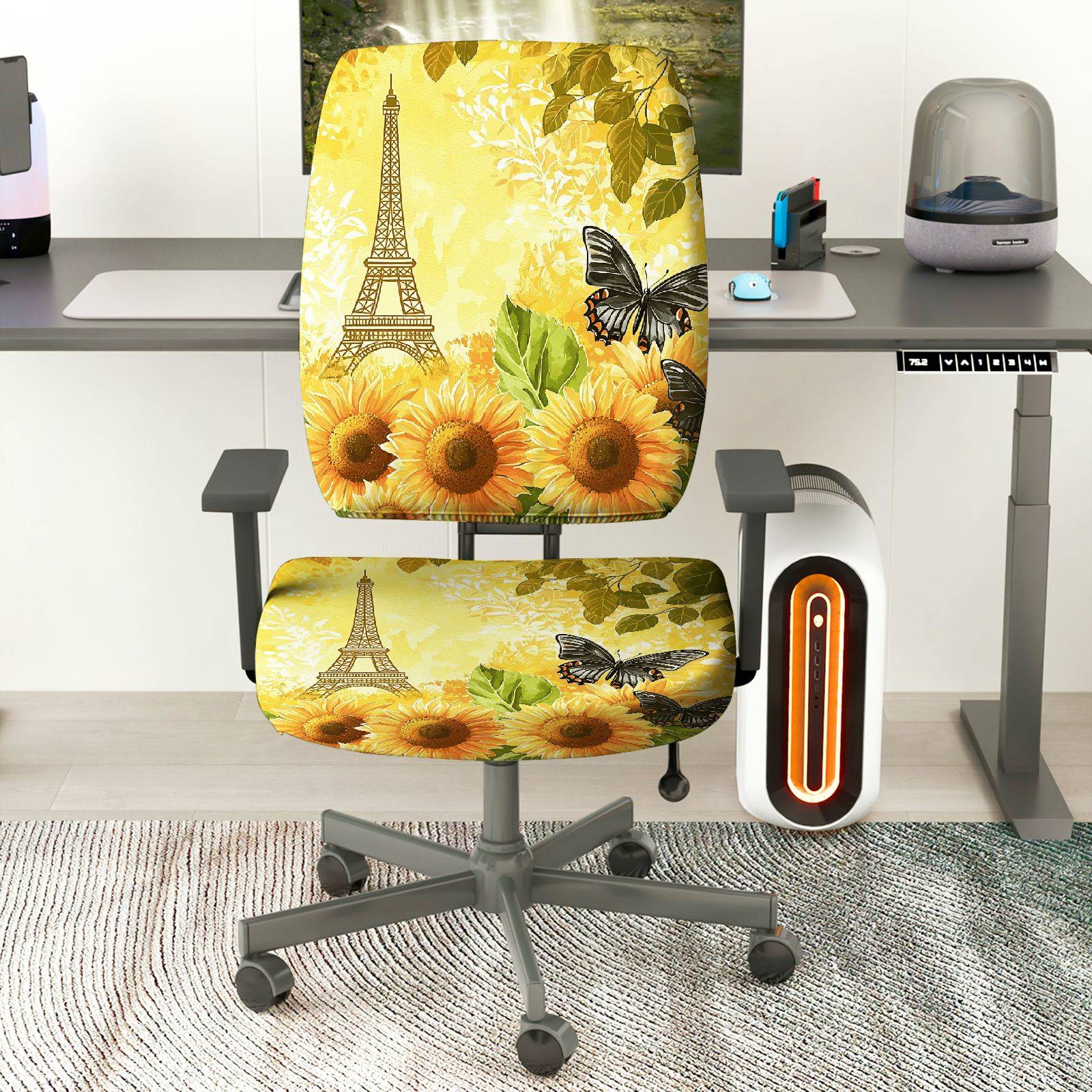 2-Piece Sunflower Butterfly Eiffel Tower Yellow Green  Computer Chair Cover Set, Seat and Backrest