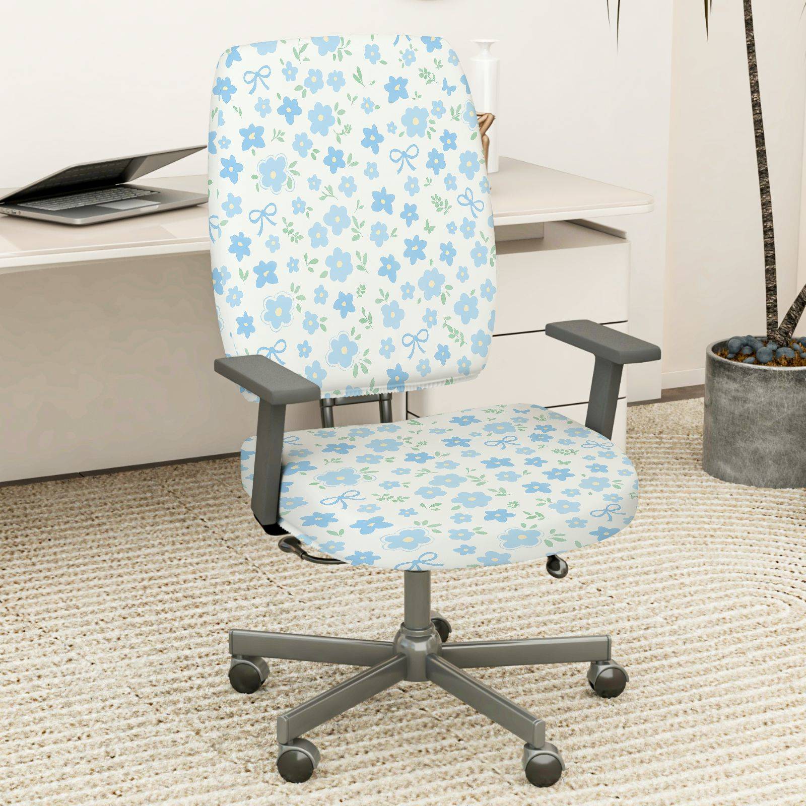 2-Piece Floral Pastel Spring Modern Cute Blue  Computer Chair Cover Set, Seat and Backrest