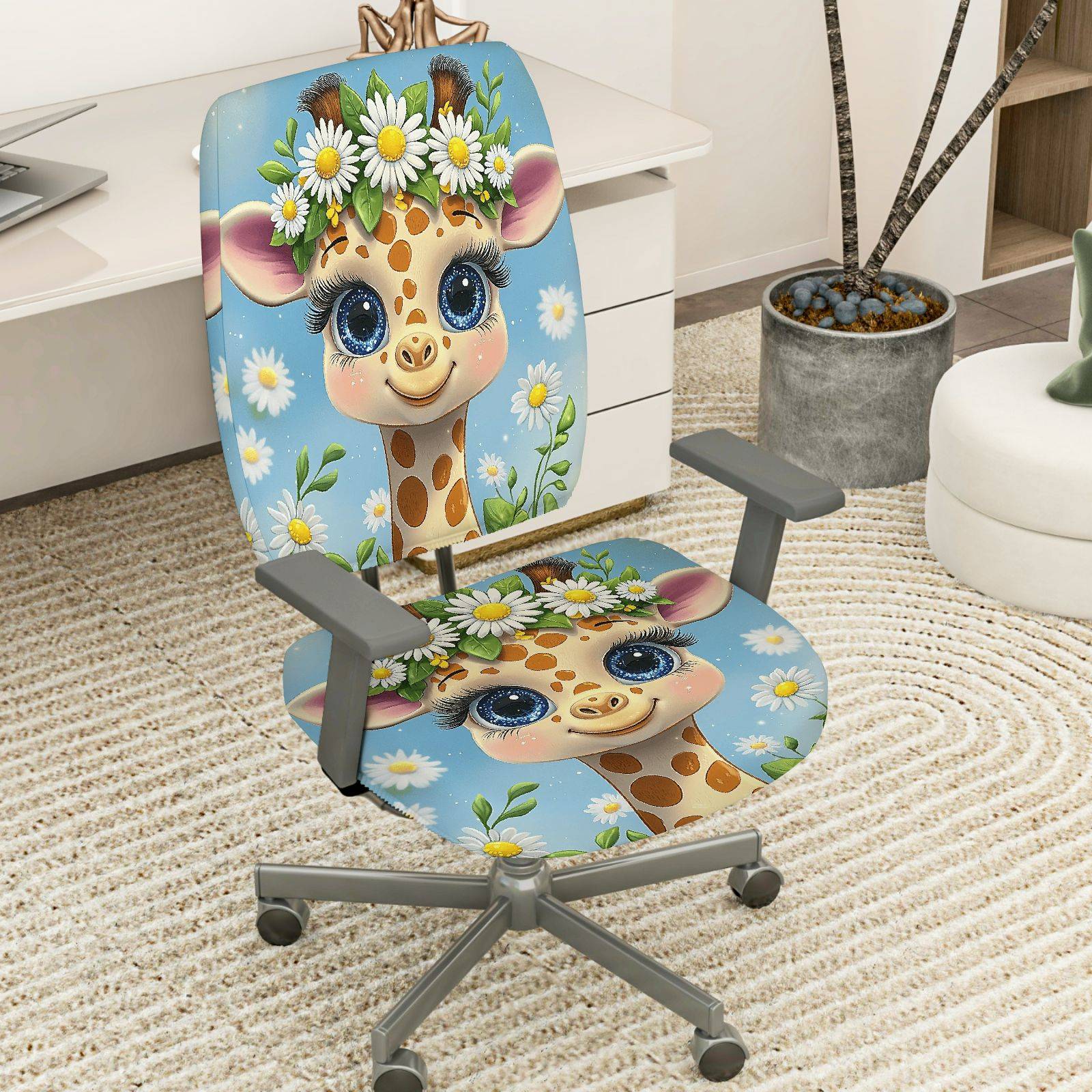 2-Piece Giraffe Flower Cute Bright Adorable  Computer Chair Cover Set, Seat and Backrest