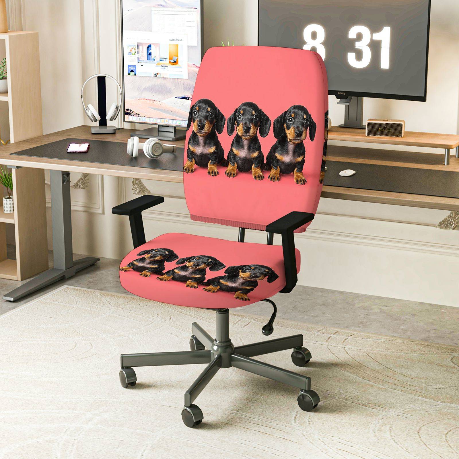 2-Piece Cute Dog Animal Print Red Cozy Playful Fun  Computer Chair Cover Set, Seat and Backrest