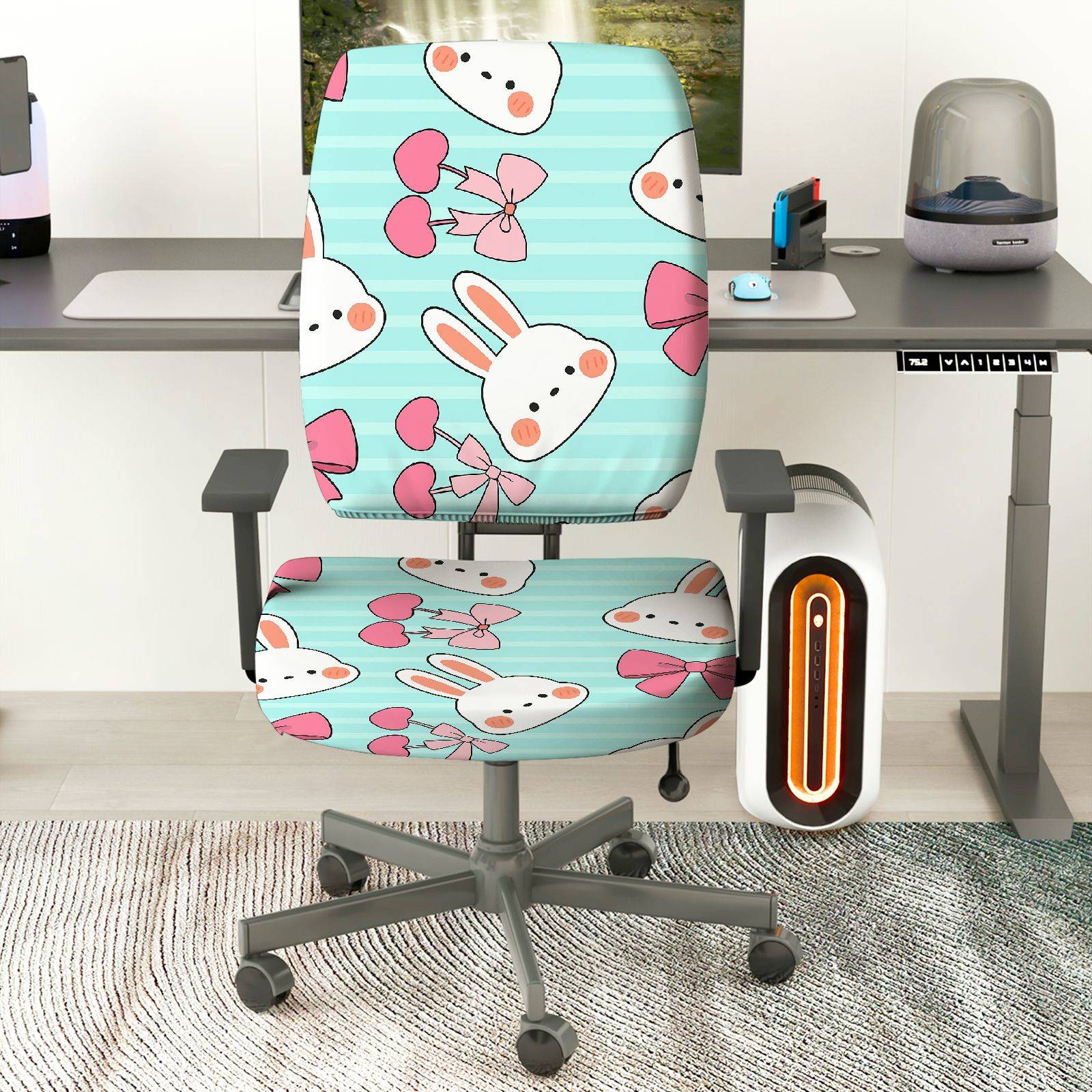 2-Piece Adorable Rabbit Pink Bow Heart Striped  Computer Chair Cover Set, Seat and Backrest