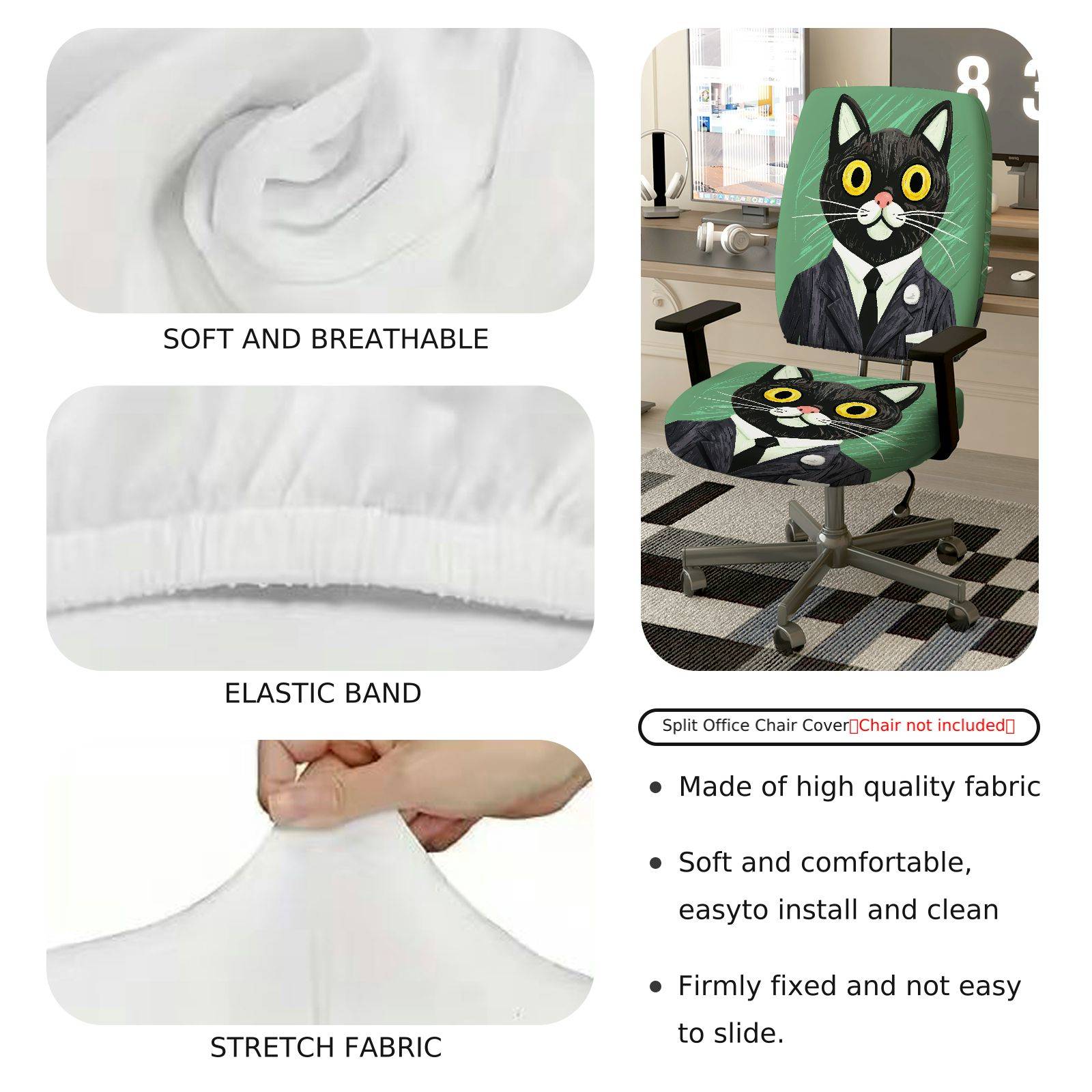 2-Piece Cat Business Suit Pattern Fun Creative Unique  Computer Chair Cover Set, Seat and Backrest