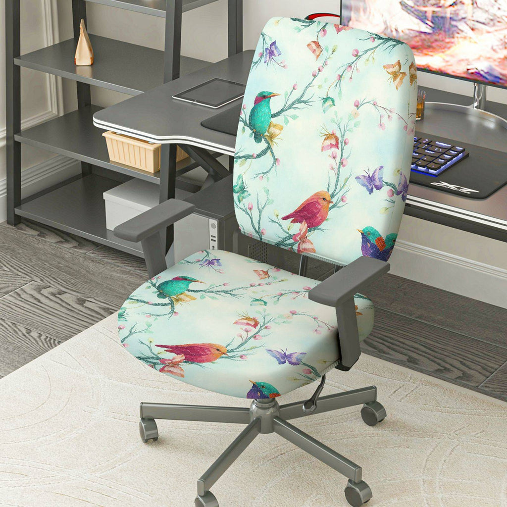 2-Piece Colorful Bird Flower  Computer Chair Cover Set, Seat and Backrest