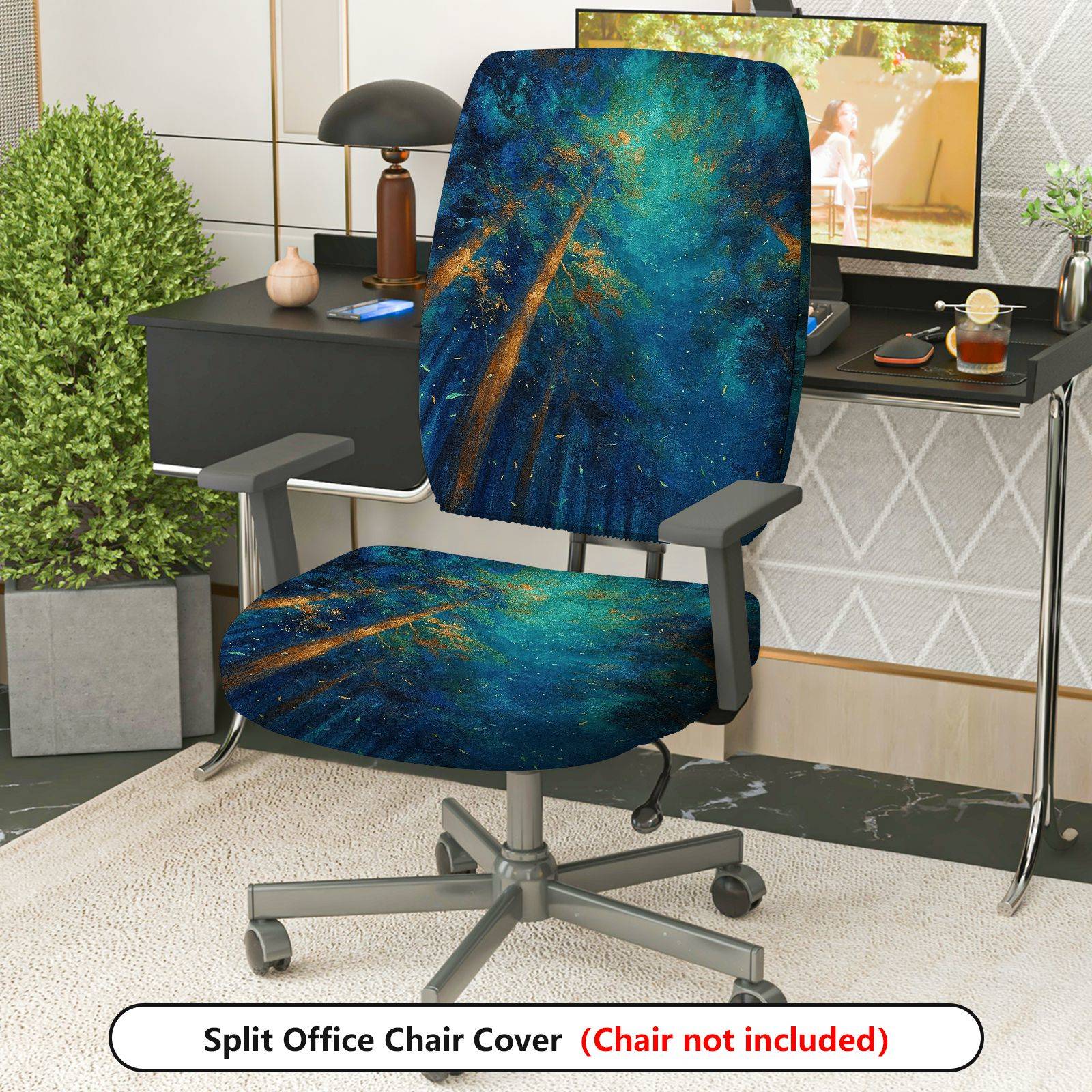2-Piece Abstract Art Oil Painting Forest Scenery  Computer Chair Cover Set, Seat and Backrest