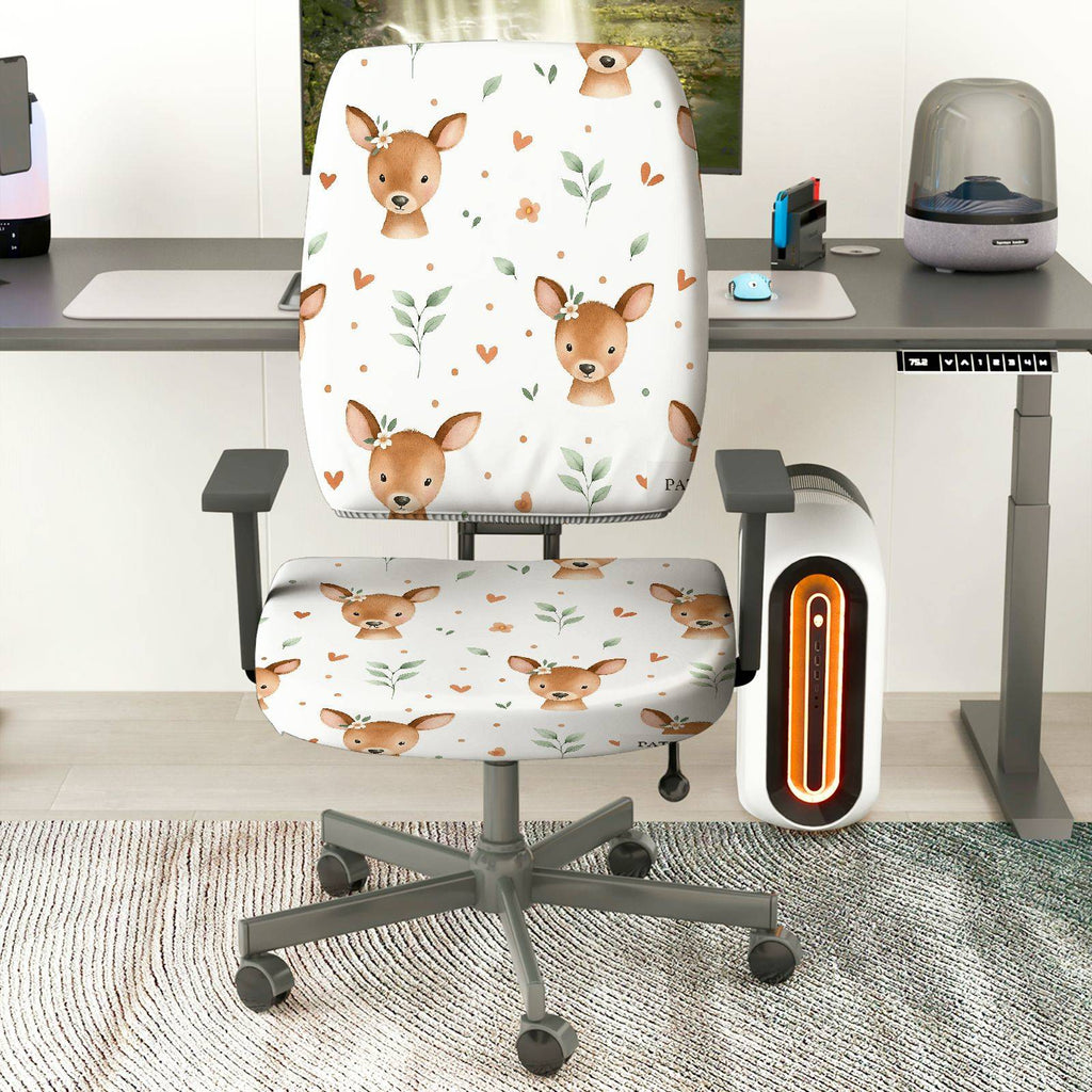 2-Piece Cute Deer Pattern Printed Heart Floral  Computer Chair Cover Set, Seat and Backrest