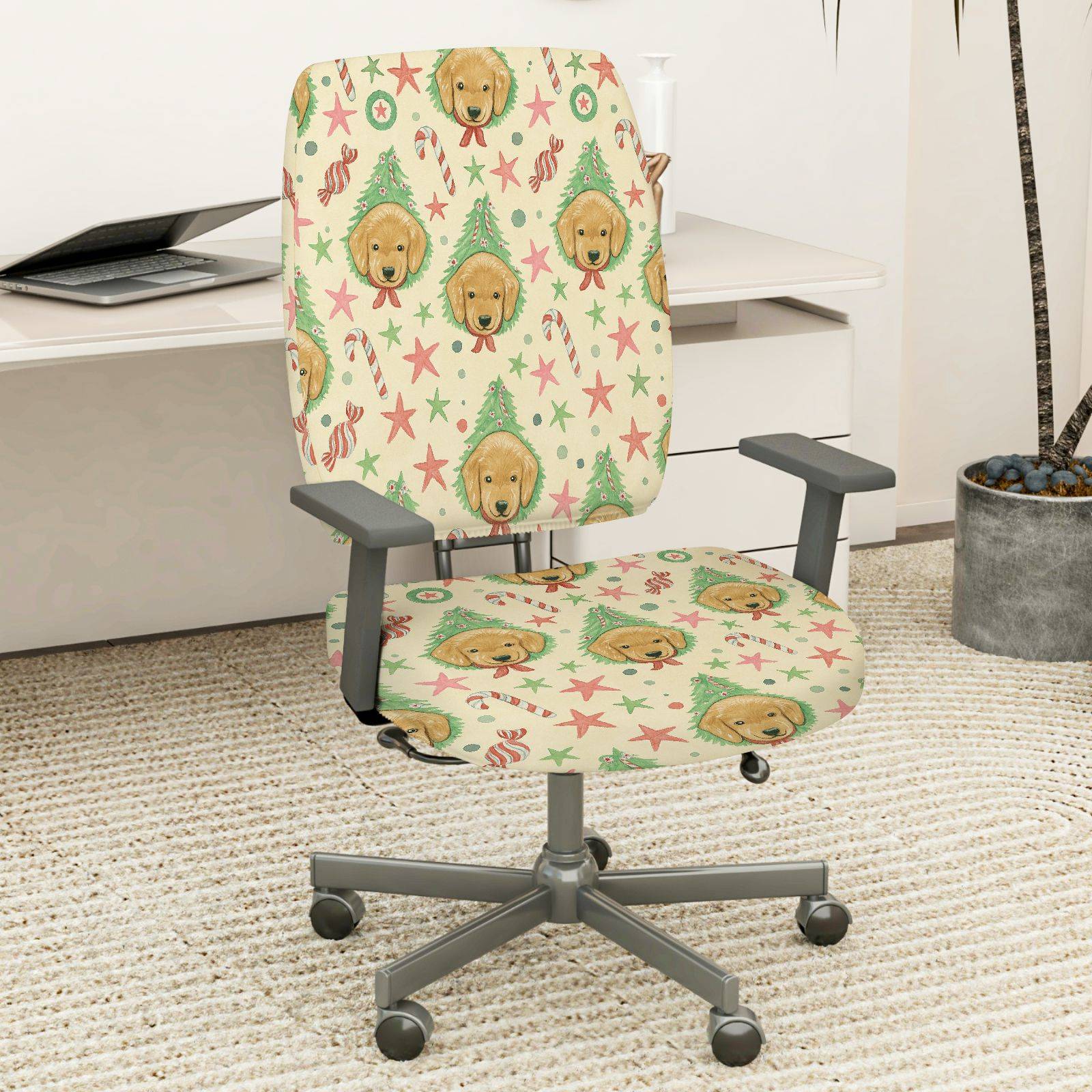 2-Piece Christmas Dog Tree Star Candy  Computer Chair Cover Set, Seat and Backrest