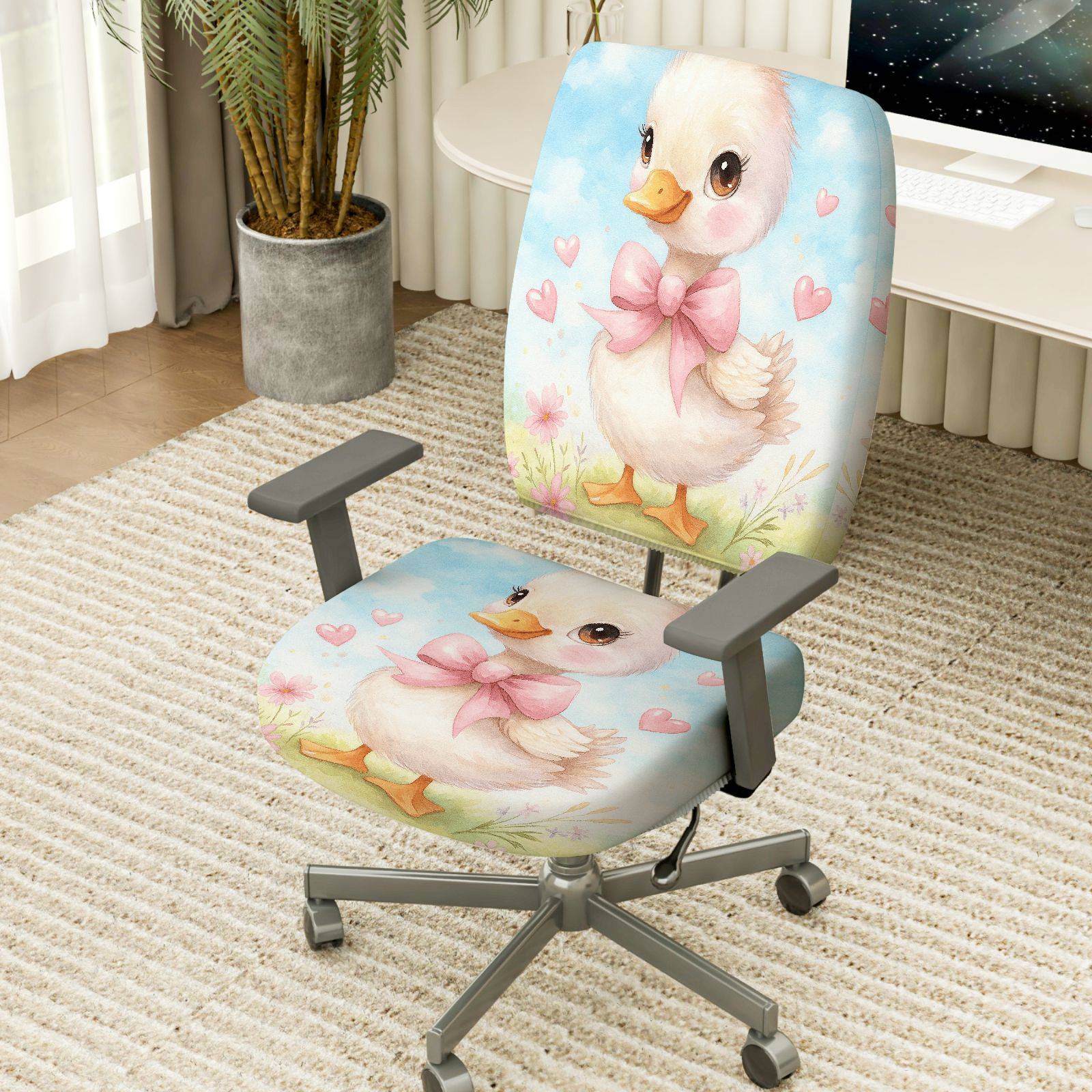 2-Piece Cute Duck Pink Bow Heart Spring  Computer Chair Cover Set, Seat and Backrest