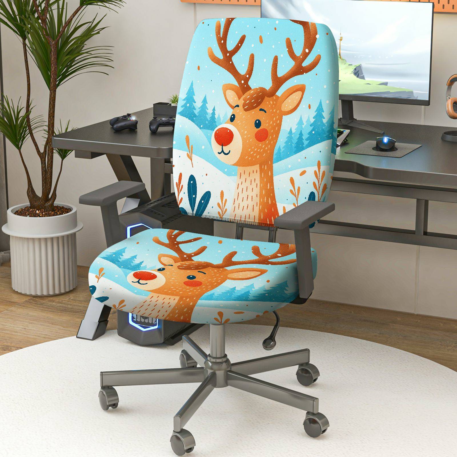 2-Piece Christmas Deer Snow Forest Winter  Computer Chair Cover Set, Seat and Backrest