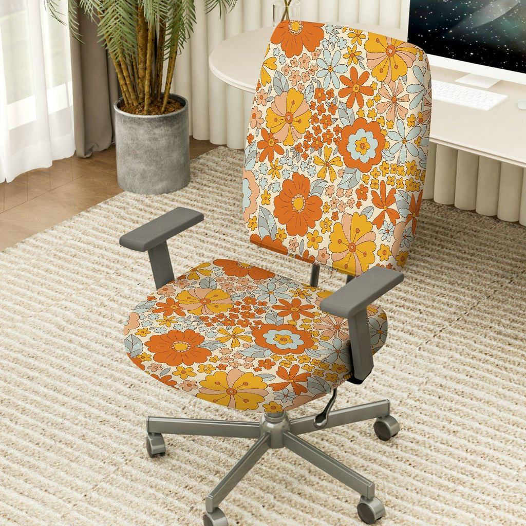 2-Piece Floral Pattern Orange Bloom Flower Bohemian Style Spring  Computer Chair Cover Set, Seat and Backrest