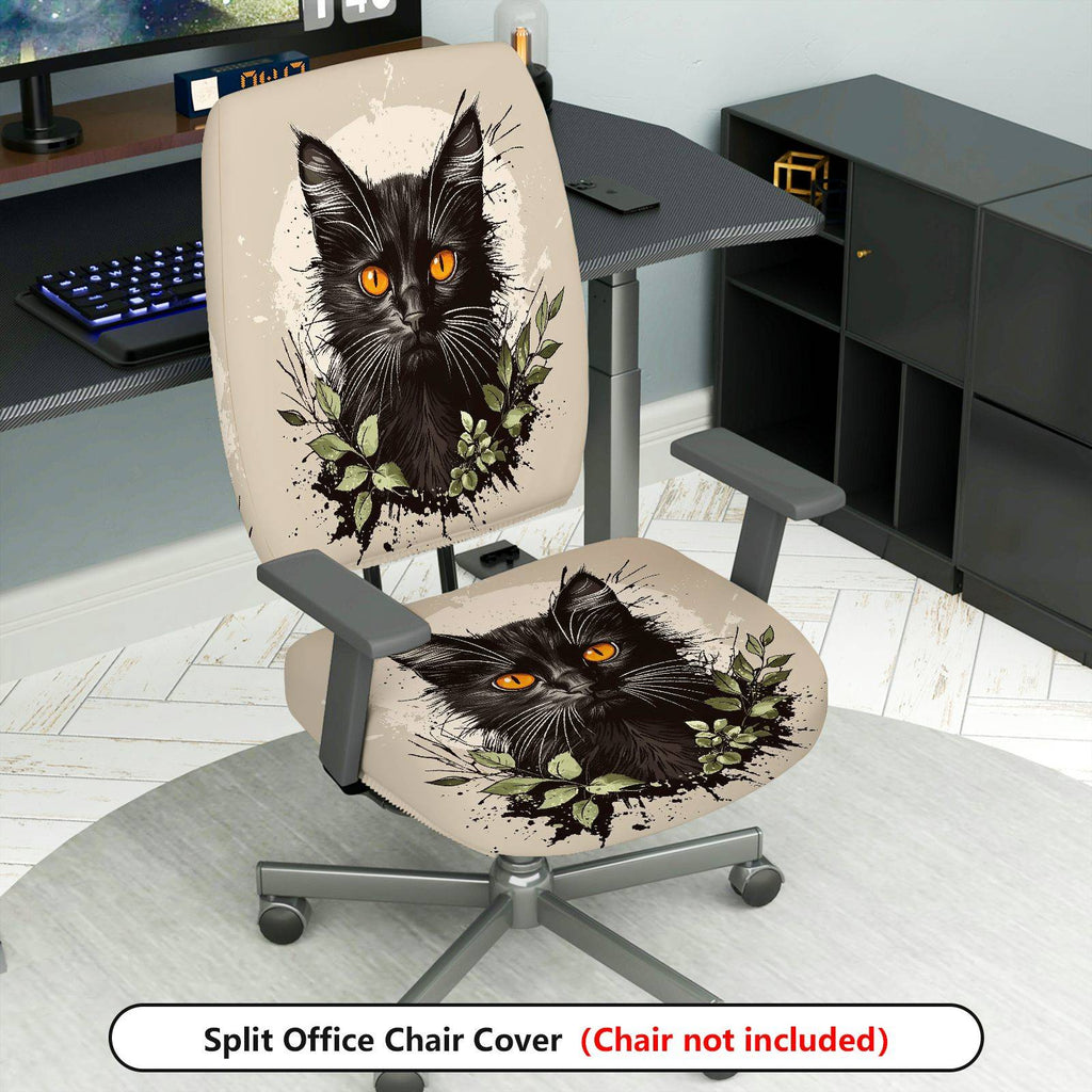 2-Piece Black Cat Floral Animal Pattern  Computer Chair Cover Set, Seat and Backrest