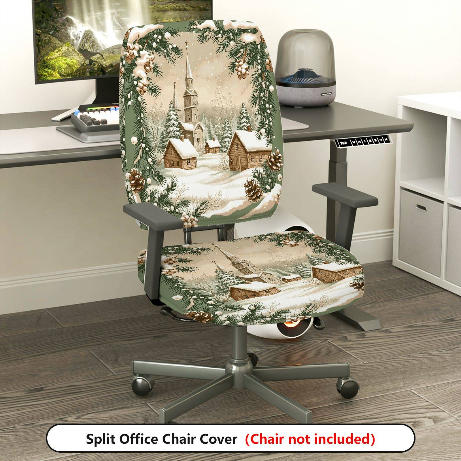 2-Piece Christmas Winter Cottage Pine Snow  Computer Chair Cover Set, Seat and Backrest