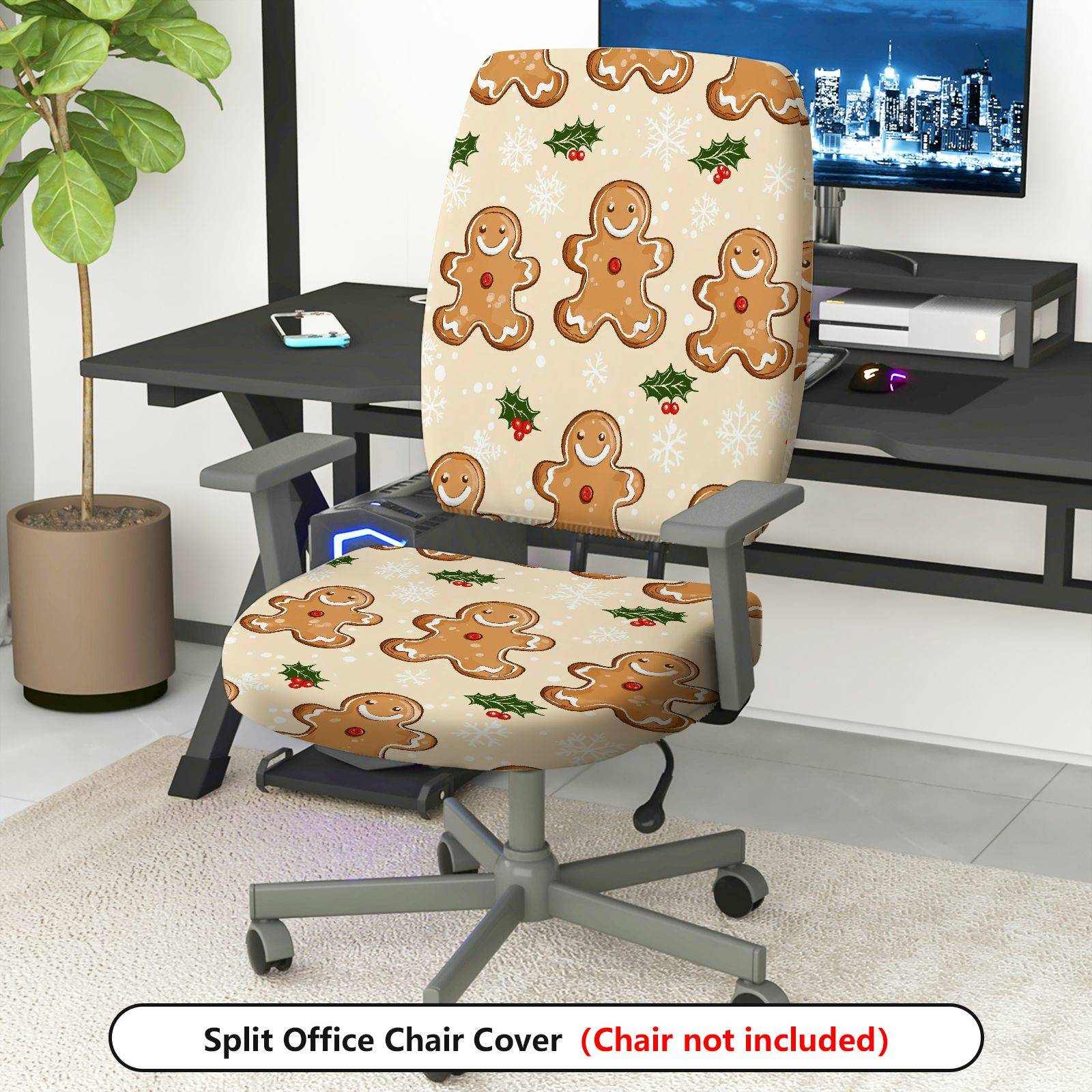 2-Piece Gingerbread Snowflakes Holly Christmas Festive  Computer Chair Cover Set, Seat and Backrest