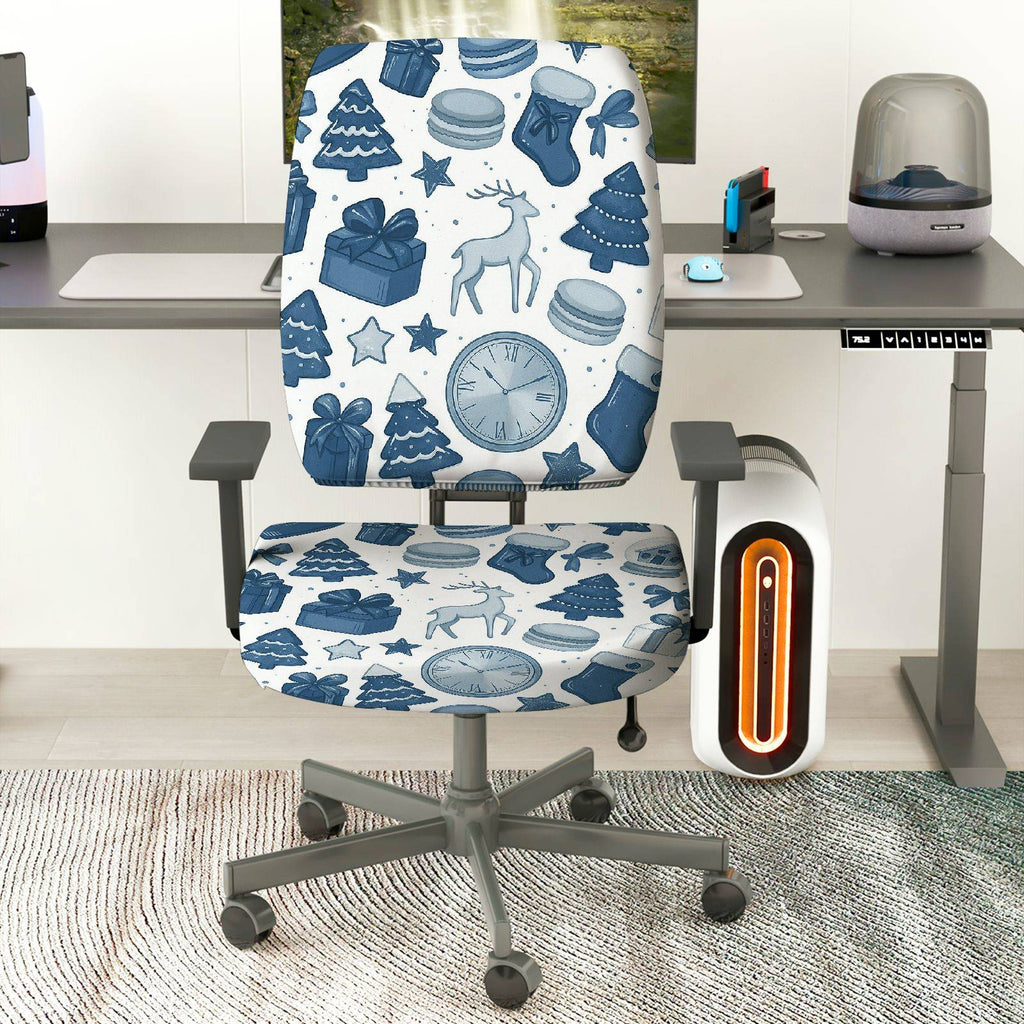 2-Piece Christmas Reindeer Clock Gift Tree Stocking  Computer Chair Cover Set, Seat and Backrest