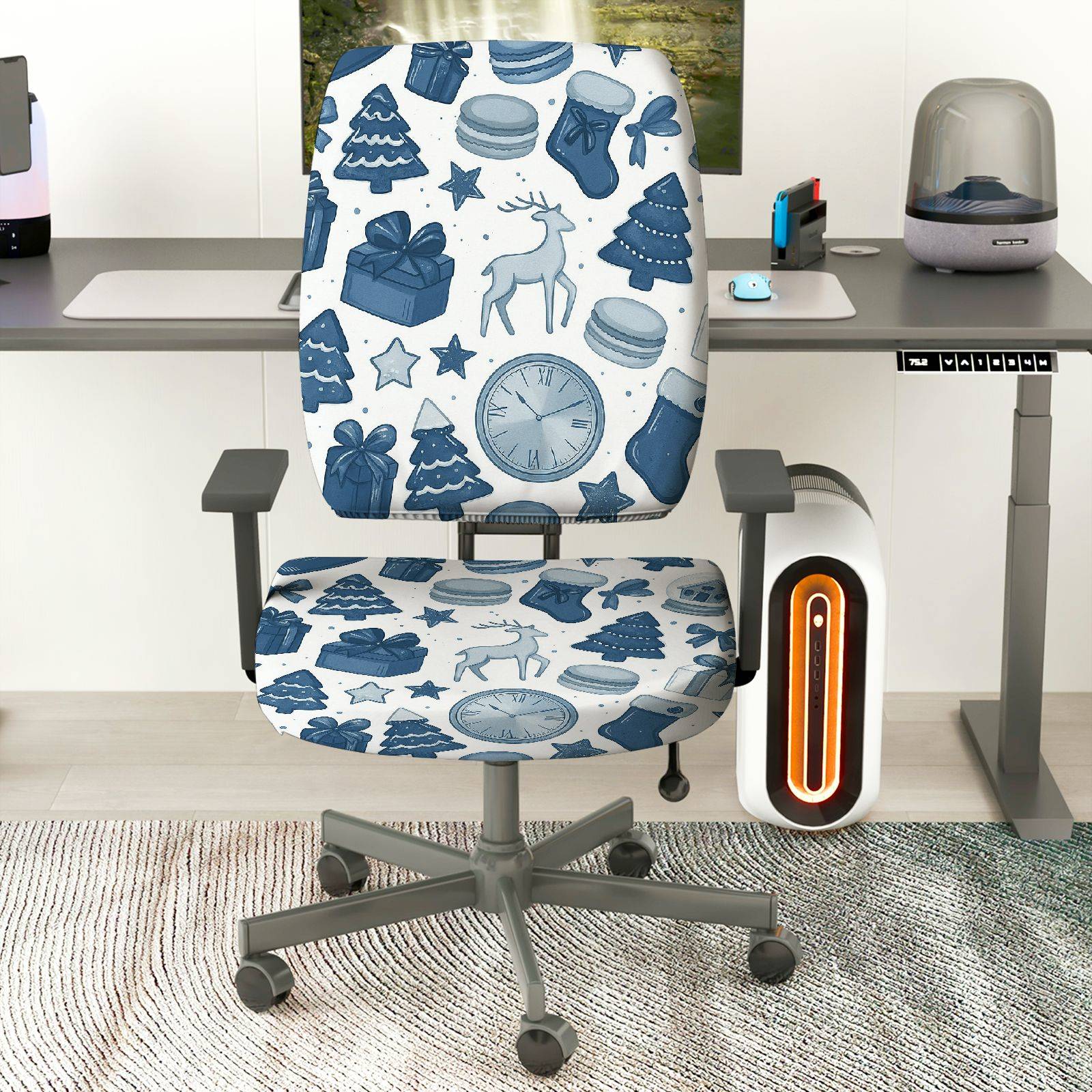 2-Piece Christmas Reindeer Clock Gift Tree Stocking  Computer Chair Cover Set, Seat and Backrest