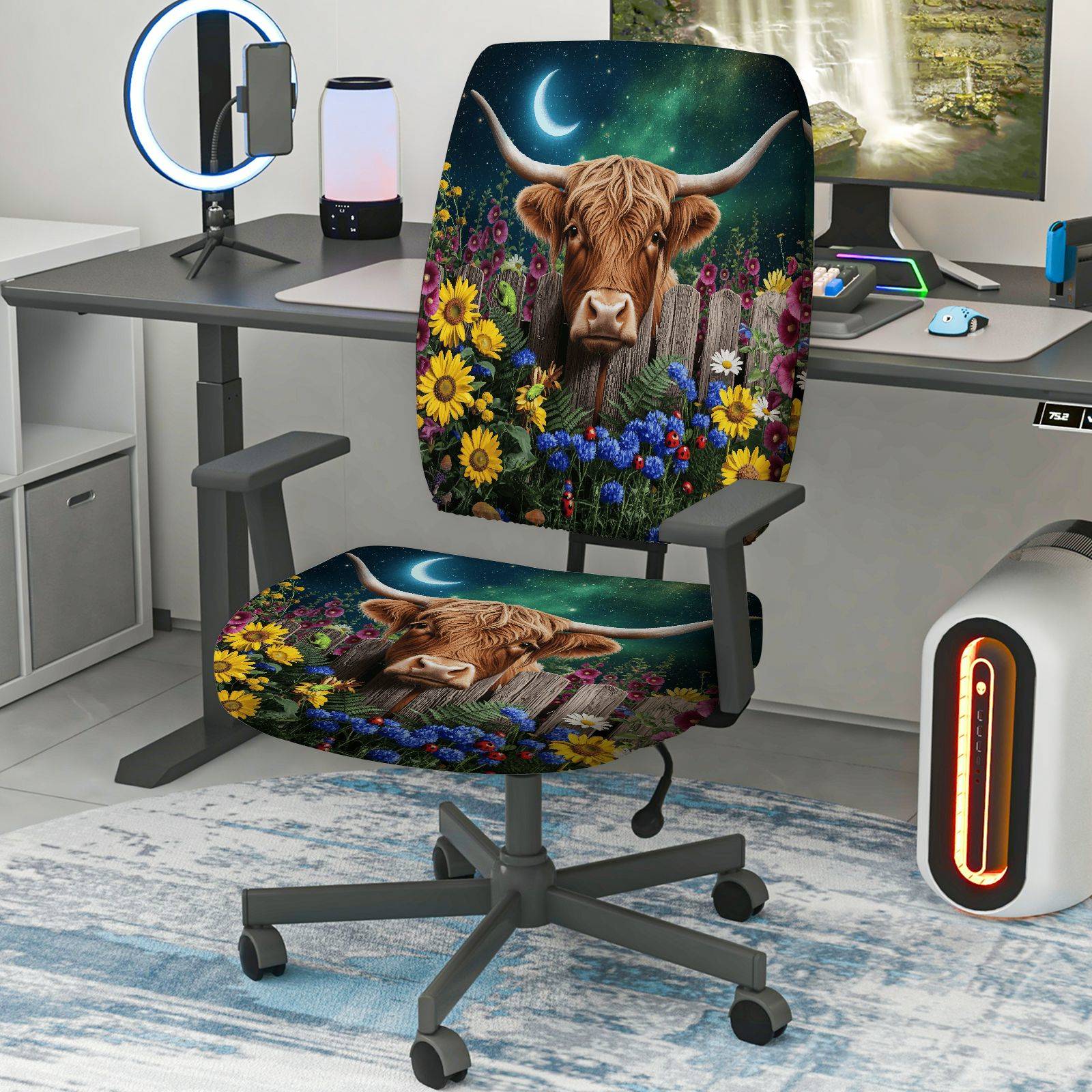 2-Piece Highland Cow Moon Night Flower Rustic Beauty  Computer Chair Cover Set, Seat and Backrest