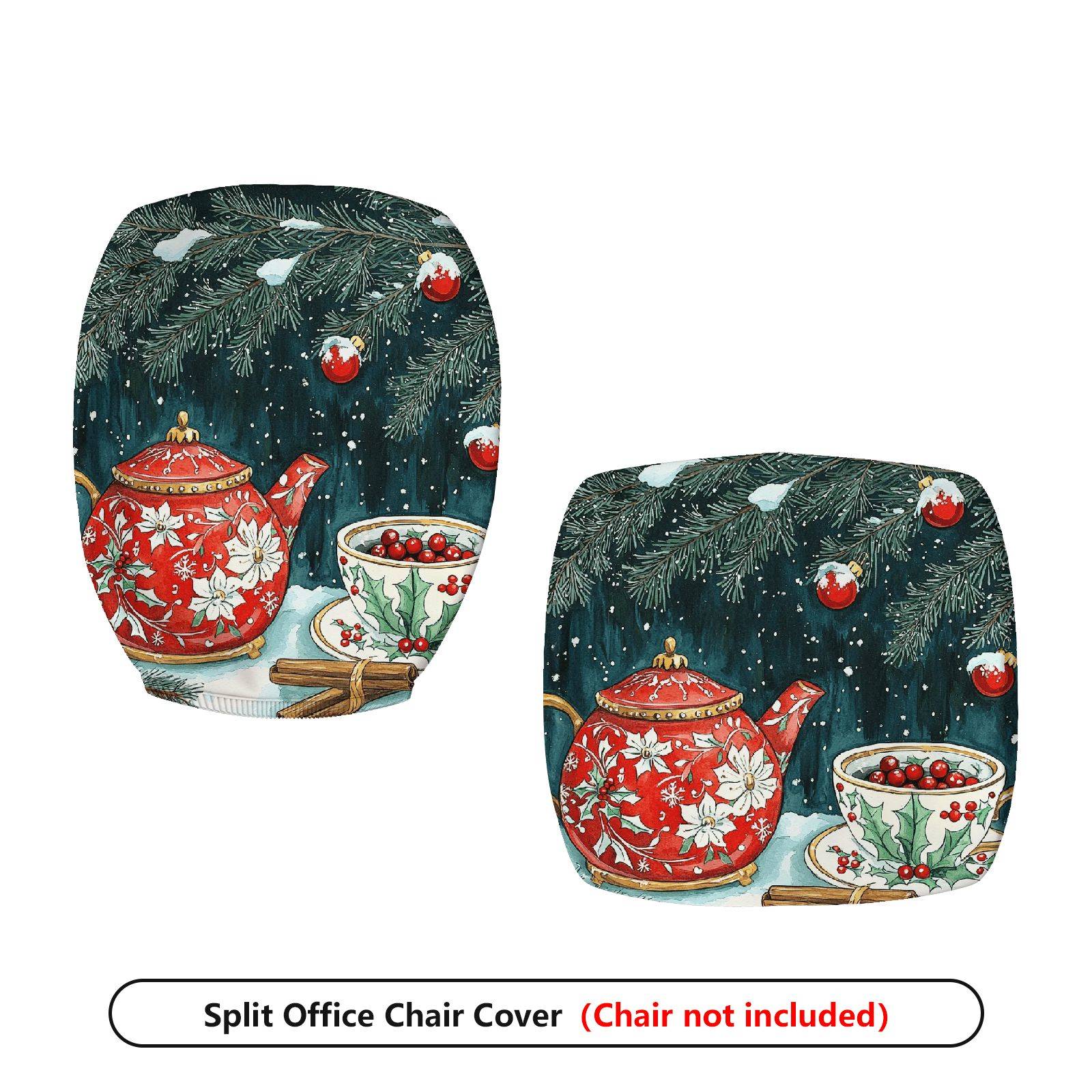 2-Piece Christmas Teapot Holly Berries Snowy Holiday  Computer Chair Cover Set, Seat and Backrest