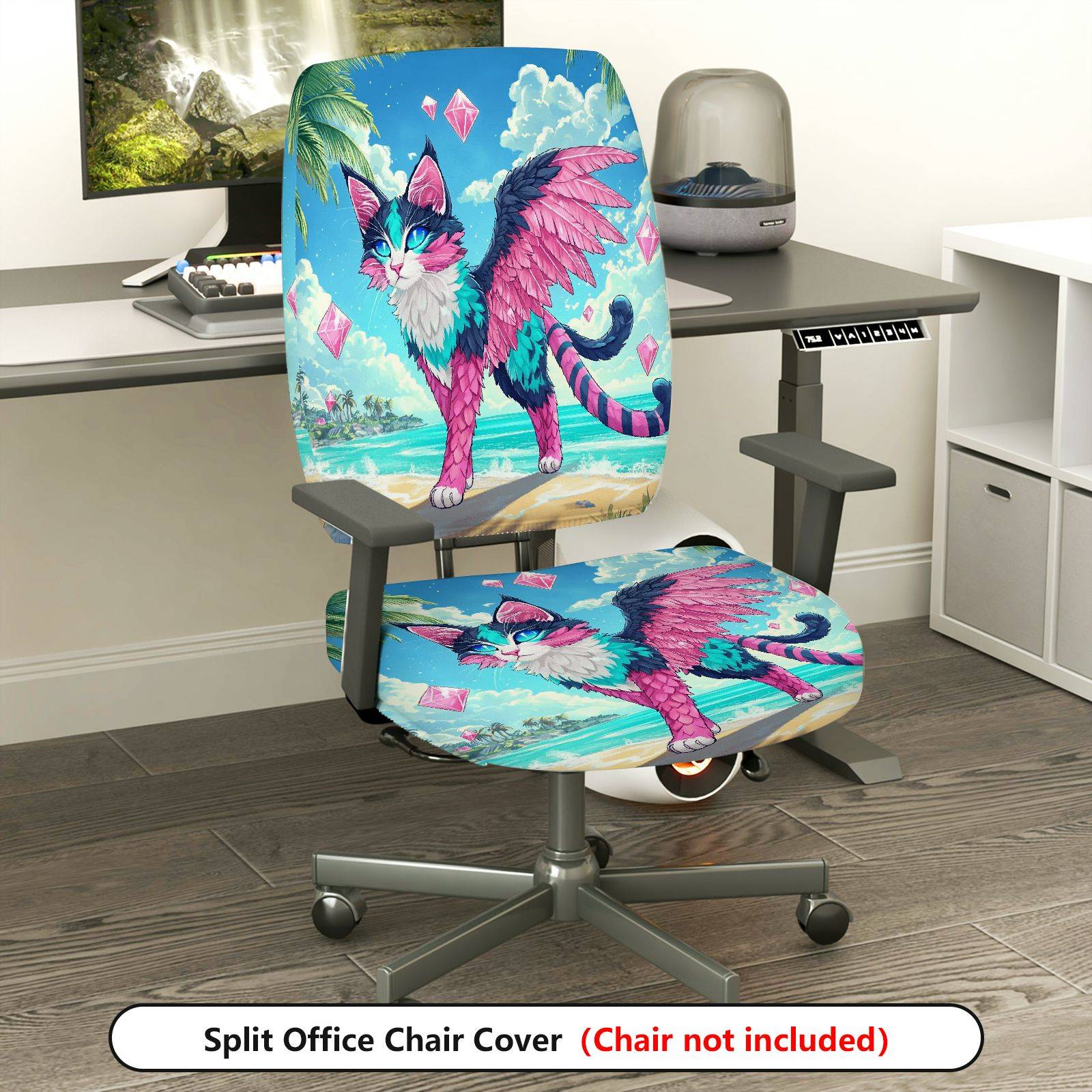 2-Piece Fantasy Cat Beach Wing Vibrant Diamond  Computer Chair Cover Set, Seat and Backrest