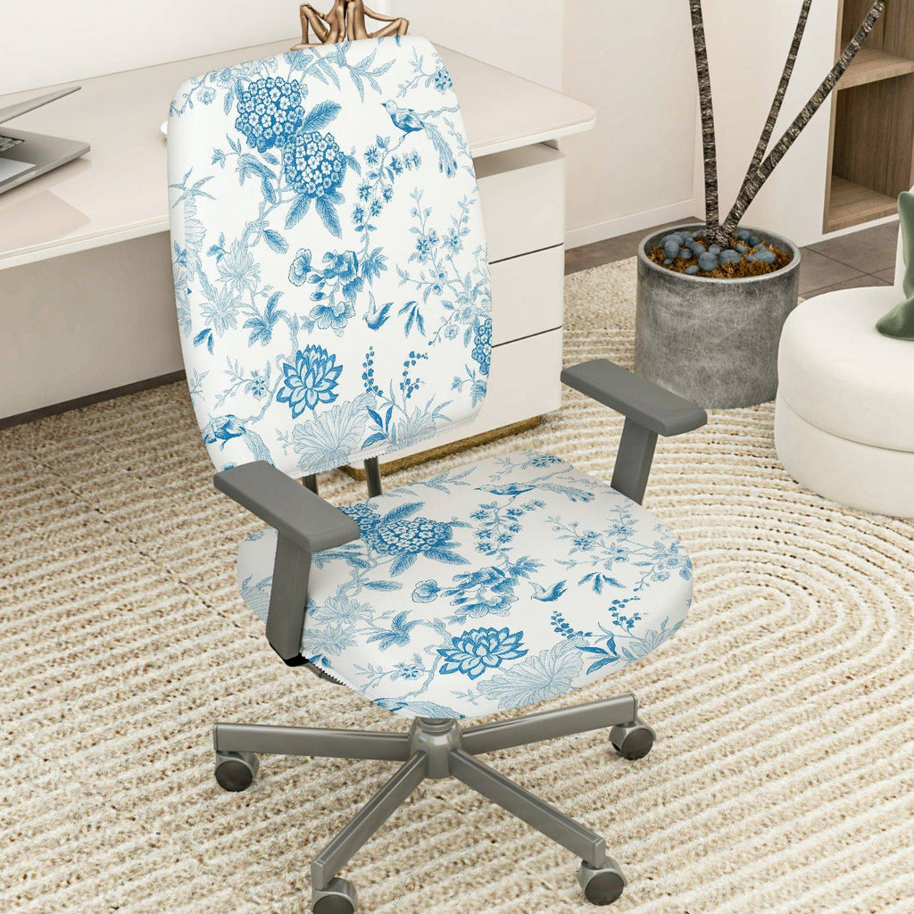 2-Piece Floral Bird Print Nature Blue White  Computer Chair Cover Set, Seat and Backrest