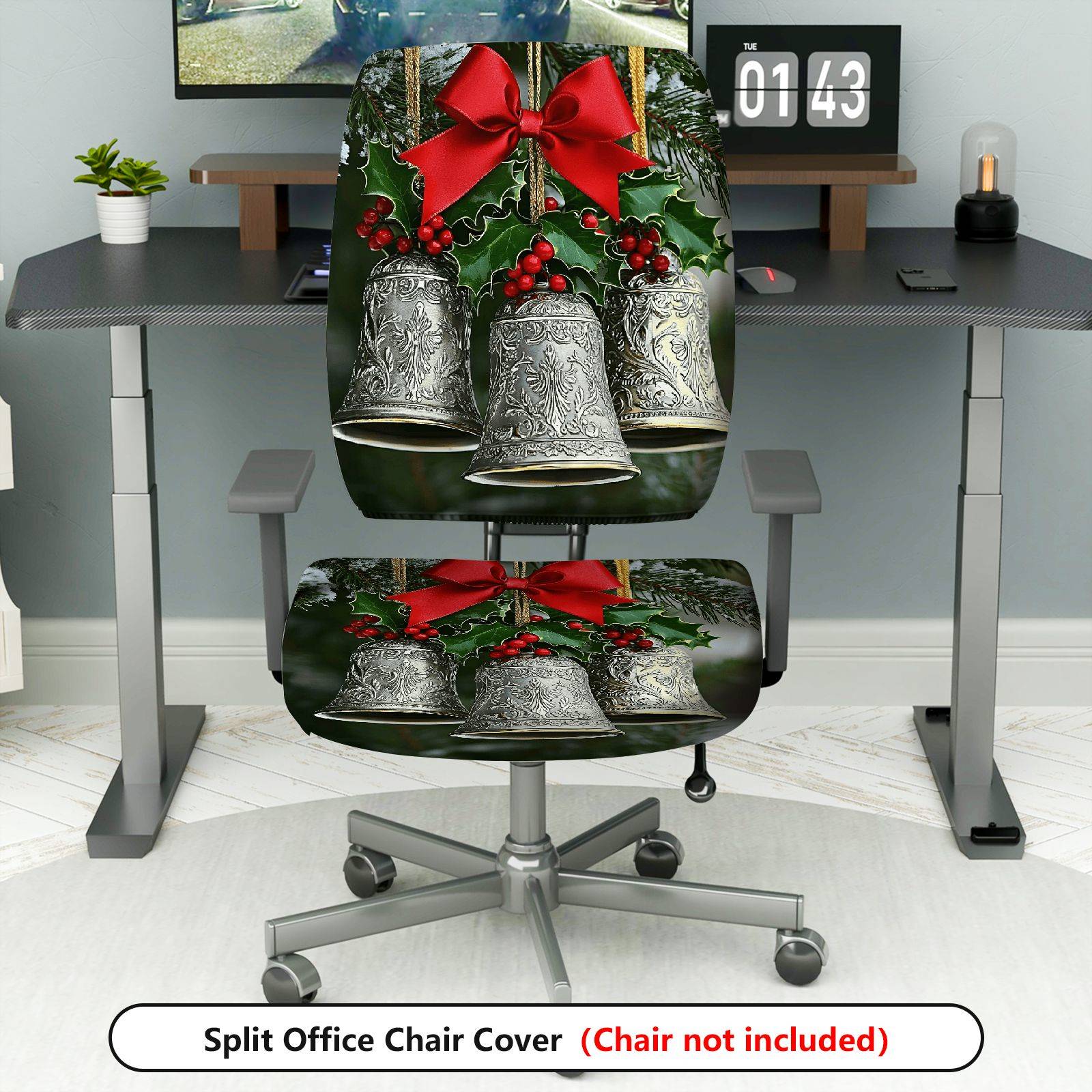 2-Piece Christmas Bell Holly Red Bow Holiday  Computer Chair Cover Set, Seat and Backrest