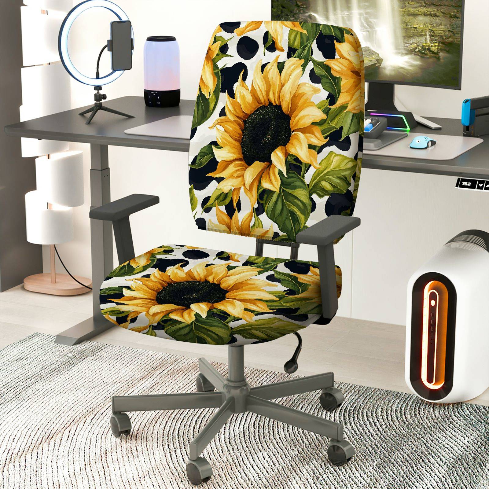 2-Piece Sunflower Floral Leaf Vibrant Decorative  Computer Chair Cover Set, Seat and Backrest