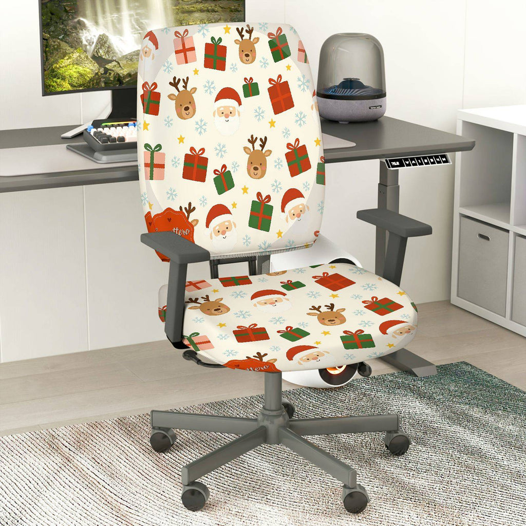 2-Piece Christmas Deer Santa Gift Snowflake  Computer Chair Cover Set, Seat and Backrest