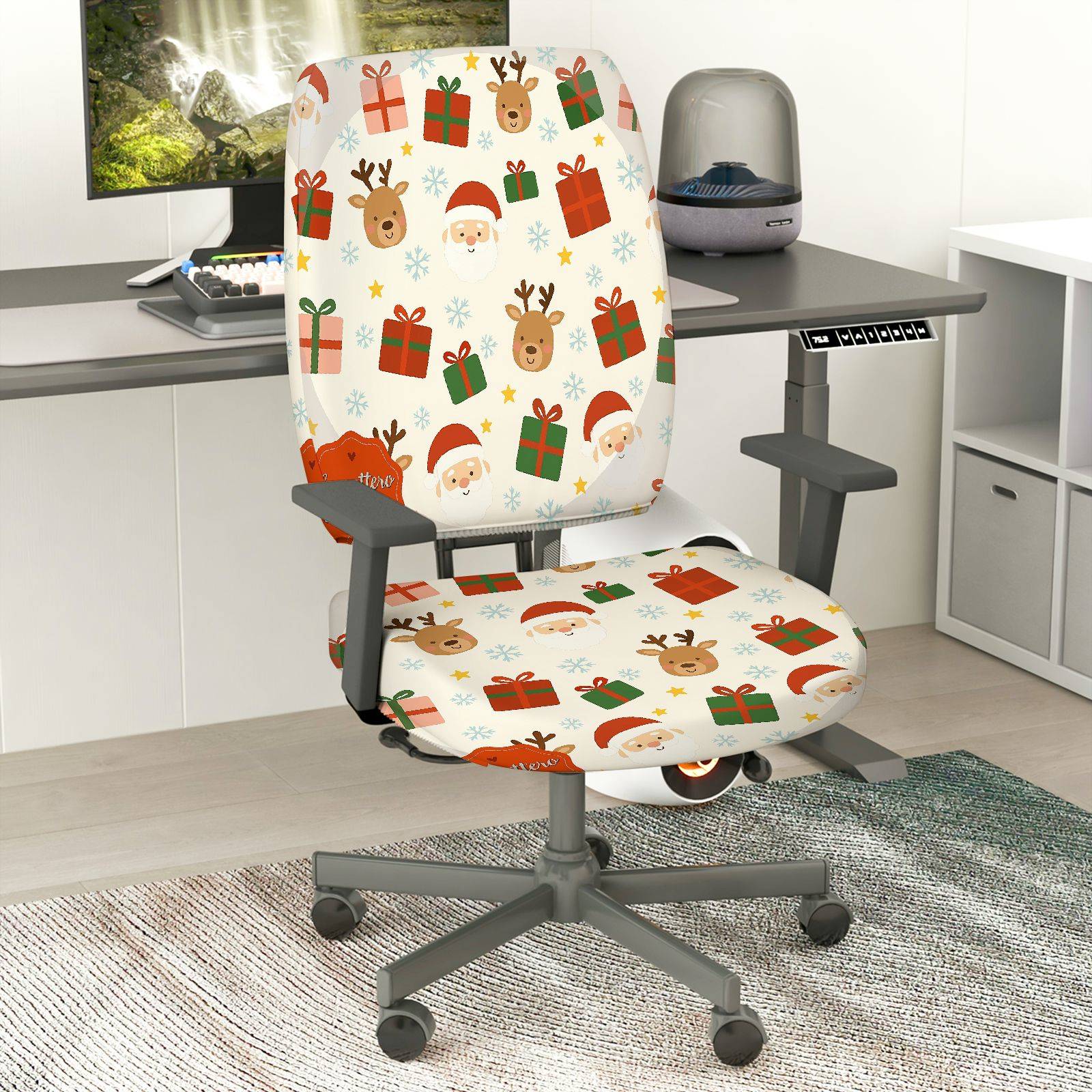 2-Piece Christmas Deer Santa Gift Snowflake  Computer Chair Cover Set, Seat and Backrest