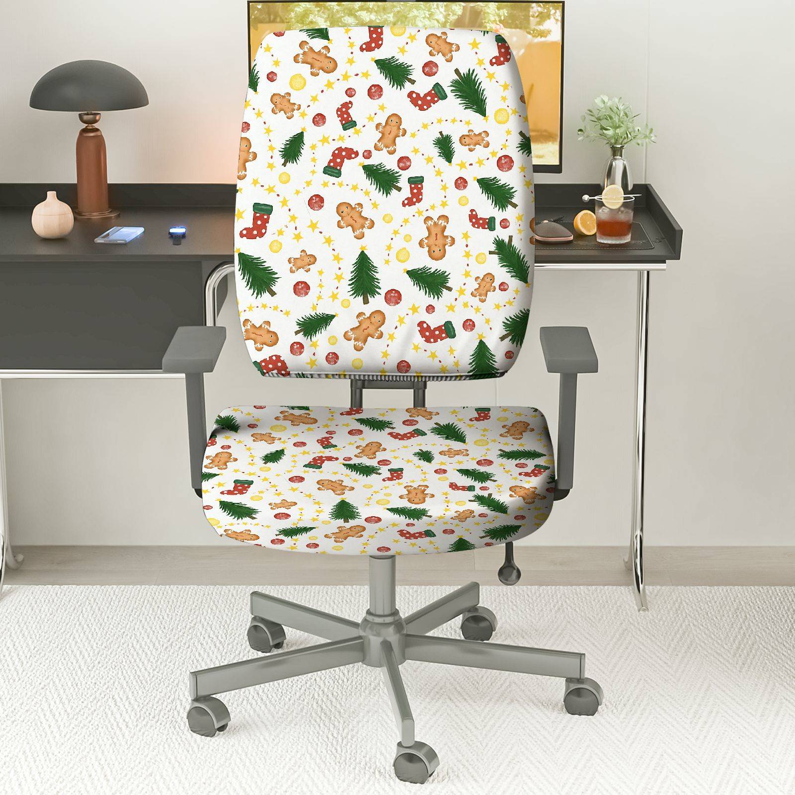 2-Piece Christmas Tree Gingerbread Snowflake Red Boots Yellow Star  Computer Chair Cover Set, Seat and Backrest