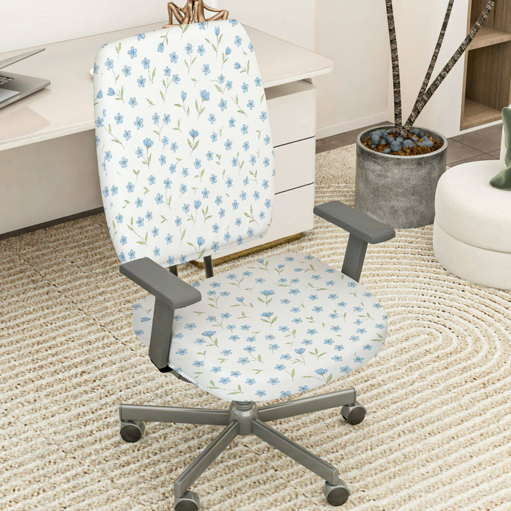 2-Piece Floral Pattern Blue White  Computer Chair Cover Set, Seat and Backrest