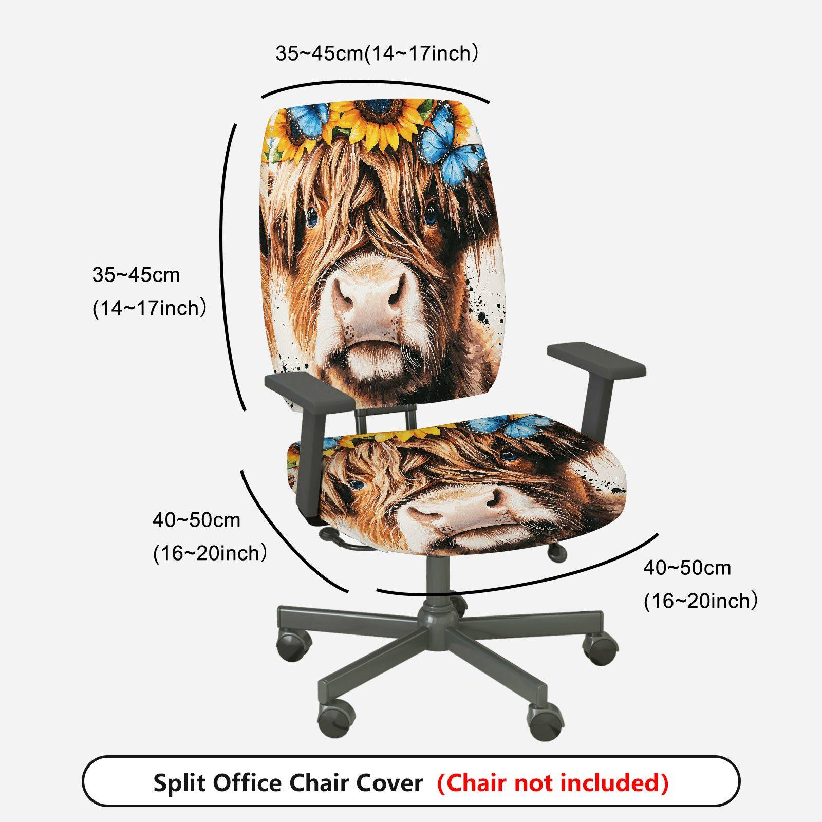 2-Piece Cow Sunflower Butterfly Nature Animal Head  Computer Chair Cover Set, Seat and Backrest