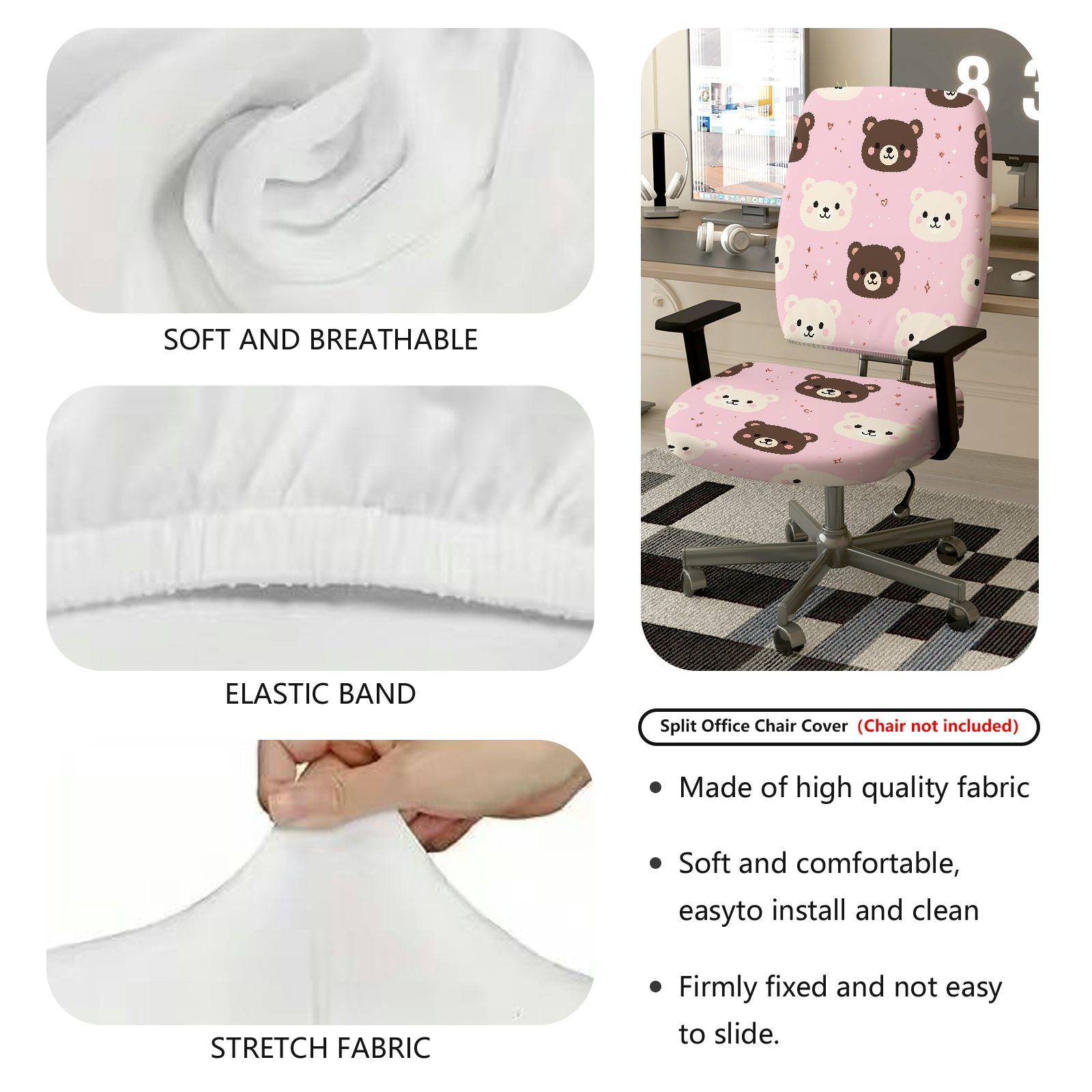 2-Piece Cute Bear Pink Fun Sweet Home  Computer Chair Cover Set, Seat and Backrest