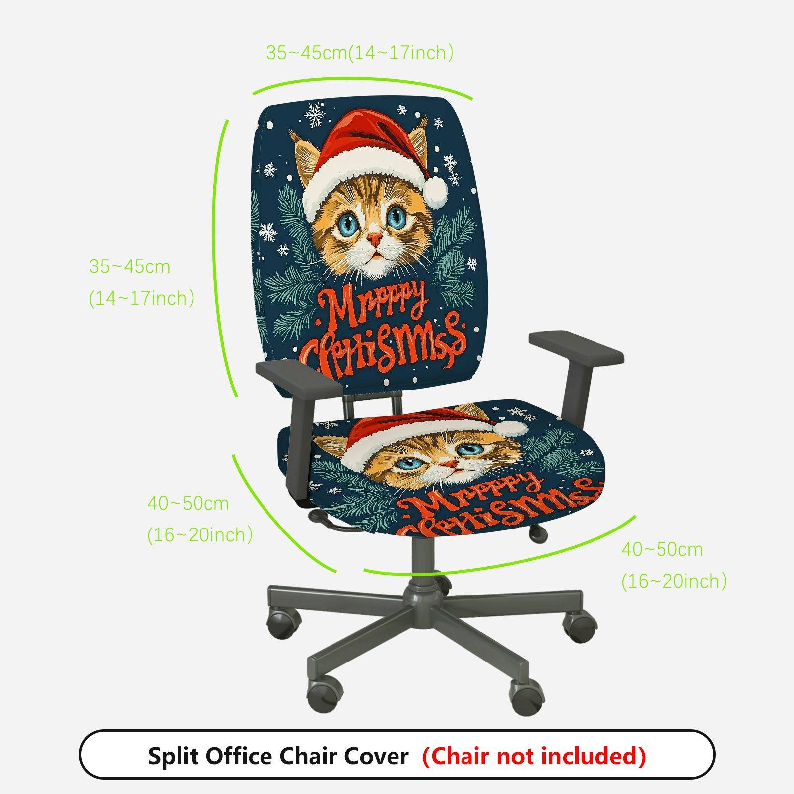 2-Piece Cute Cat Santa Hat Christmas Decorative Soft  Computer Chair Cover Set, Seat and Backrest