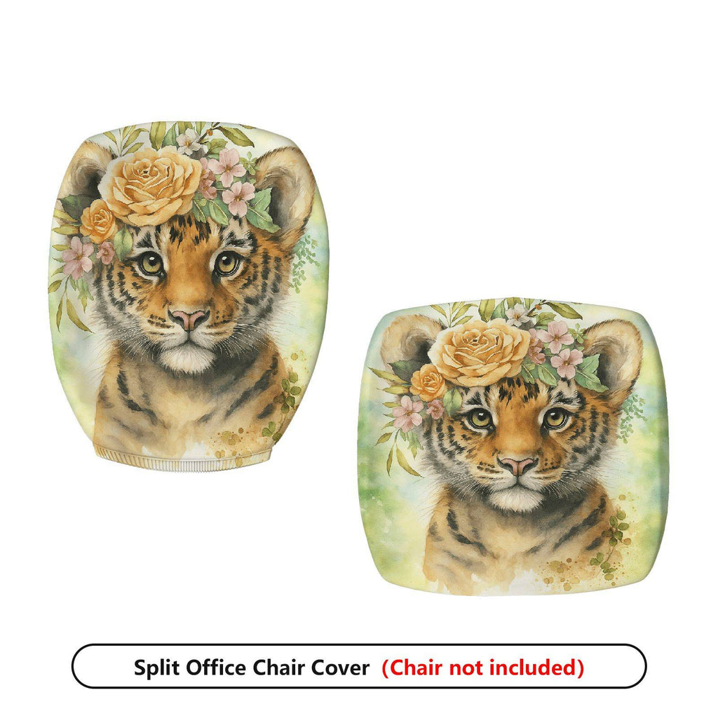 2-Piece Cute Floral Tiger Nature Art  Computer Chair Cover Set, Seat and Backrest