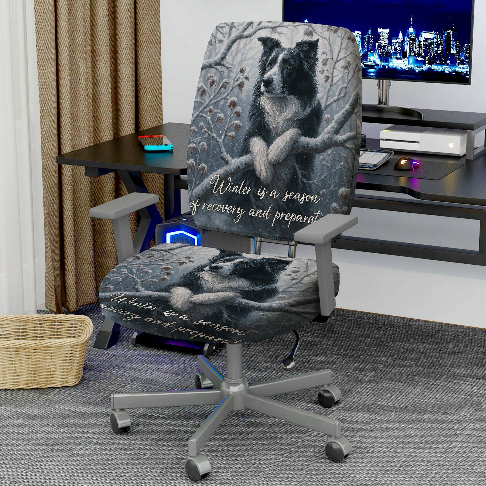 2-Piece Winter Dog Forest Inspirational Quote Holiday  Computer Chair Cover Set, Seat and Backrest