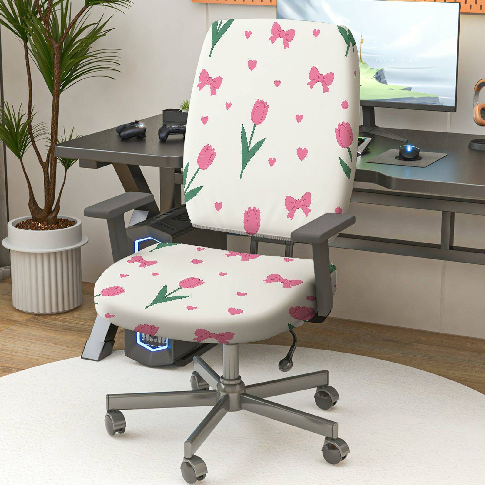 2-Piece Pink Flower Heart Ribbon Tulip Pattern  Computer Chair Cover Set, Seat and Backrest