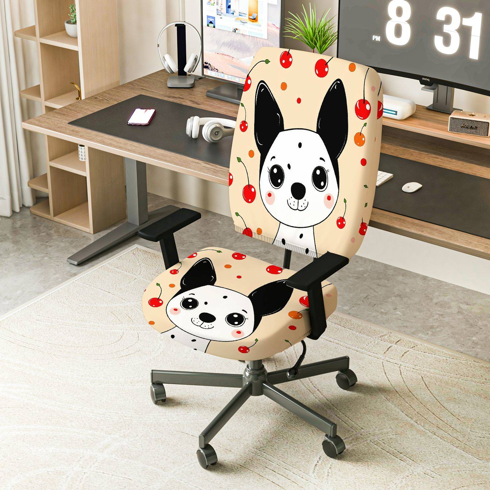 2-Piece Cute Dog Cherry Fun Decorative  Computer Chair Cover Set, Seat and Backrest