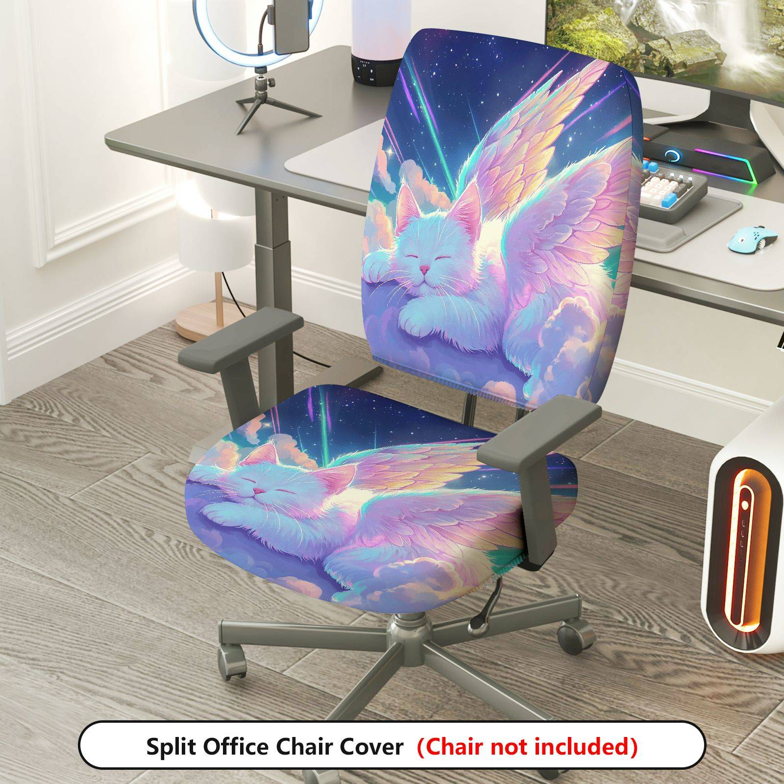 2-Piece Sky Cat Angel Wings Fantasy  Computer Chair Cover Set, Seat and Backrest
