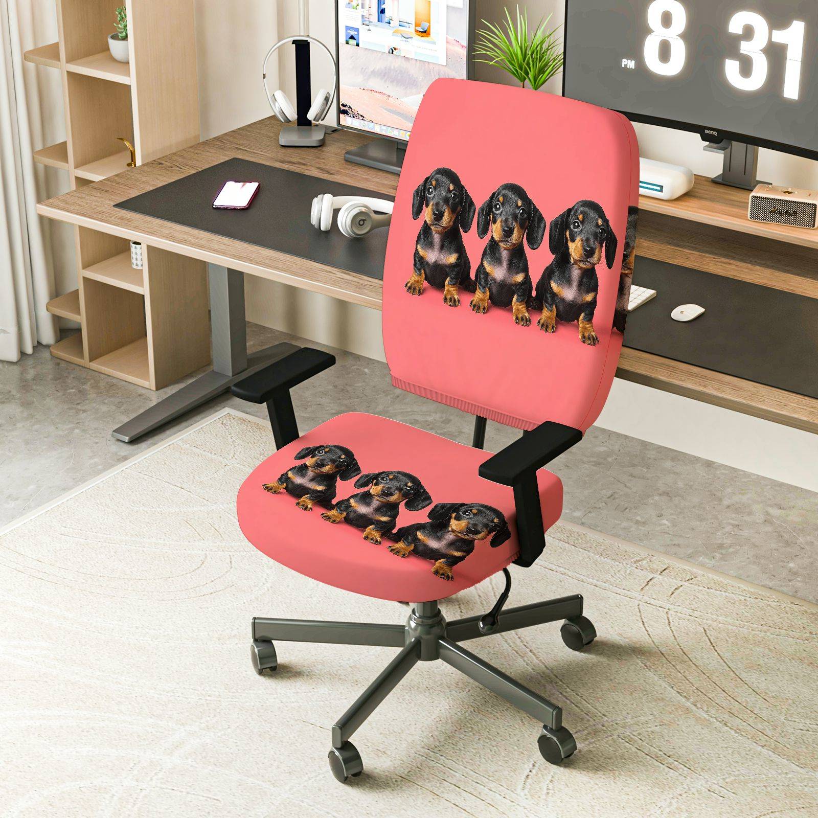 2-Piece Cute Dog Animal Print Red Cozy Playful Fun  Computer Chair Cover Set, Seat and Backrest