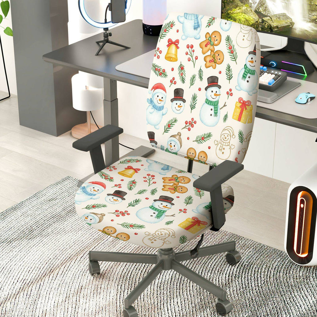 2-Piece Christmas Snowman Gingerbread Bells Holly  Computer Chair Cover Set, Seat and Backrest
