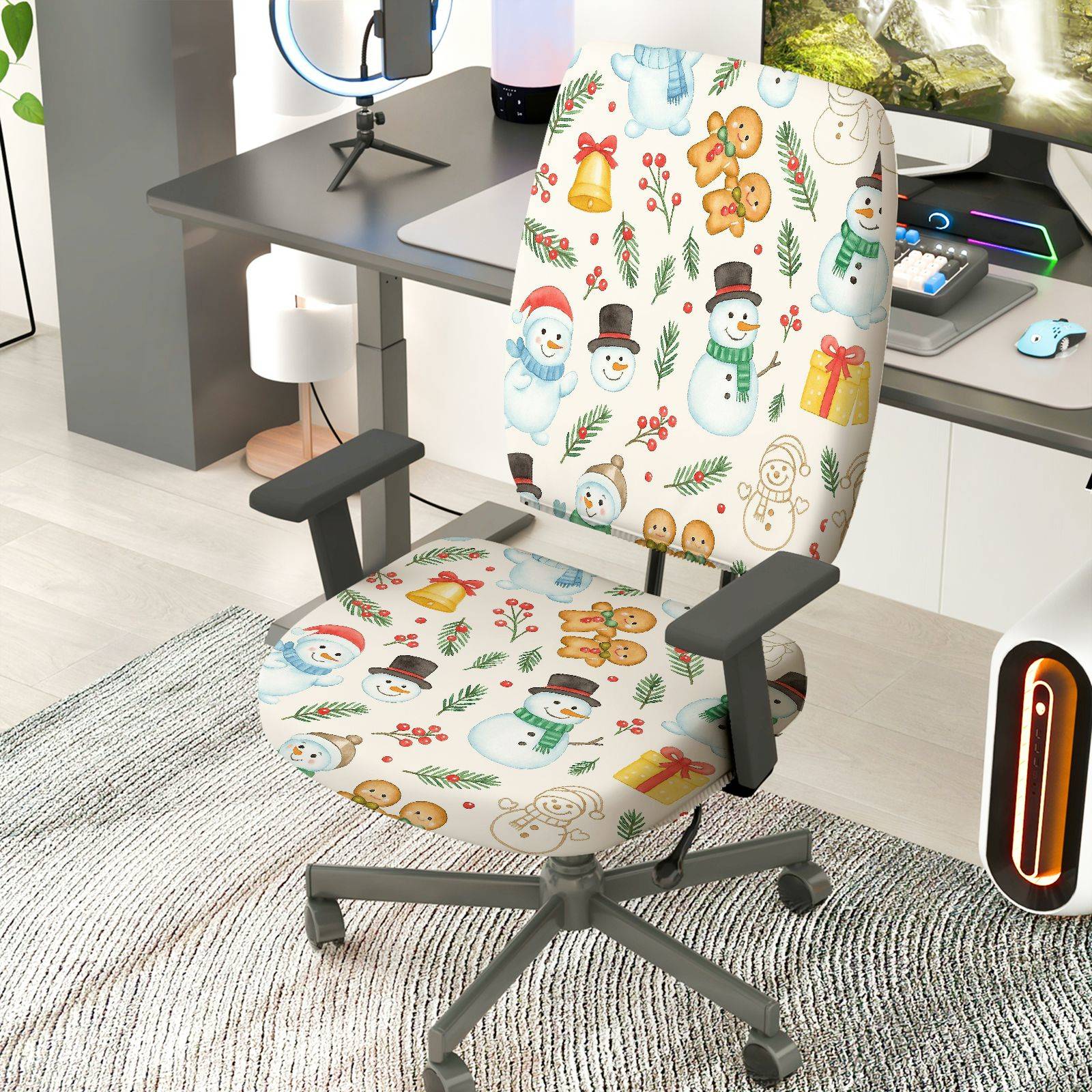 2-Piece Christmas Snowman Gingerbread Bells Holly  Computer Chair Cover Set, Seat and Backrest